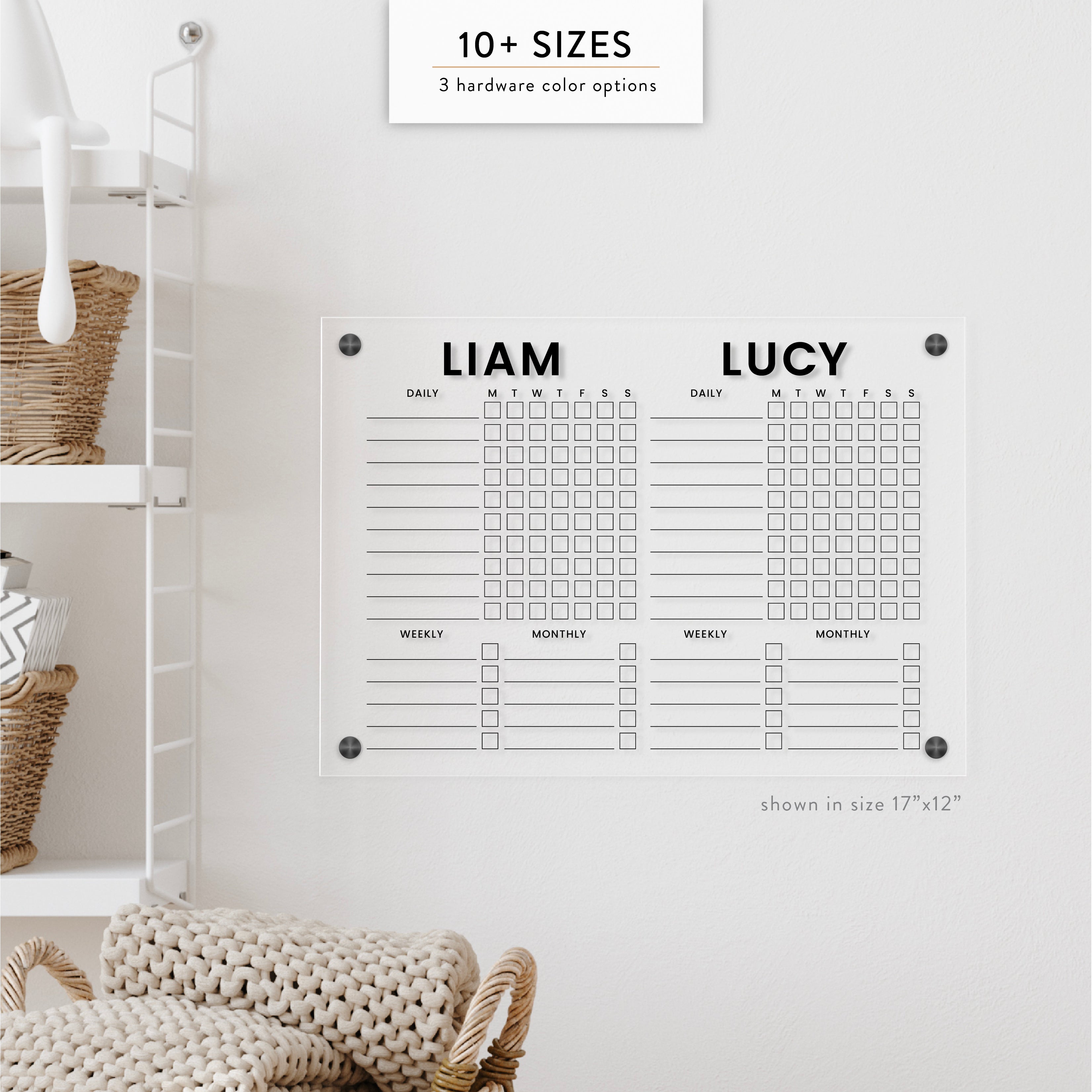 Personalized Kid's Chore Chart For Two Magnetic Acrylic Wet/Dry Erase Board