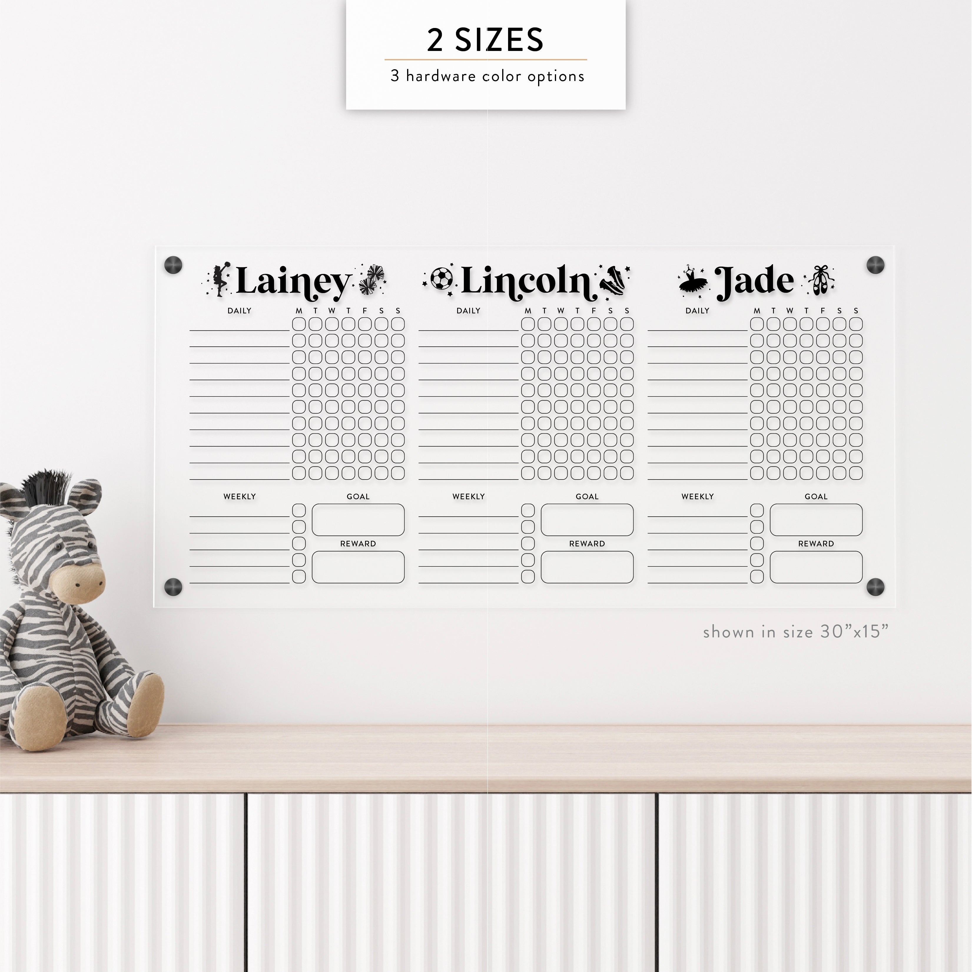 Personalized Kid's Acrylic Chore Chart for 3 Kids with Hobby/Sport Embellishments