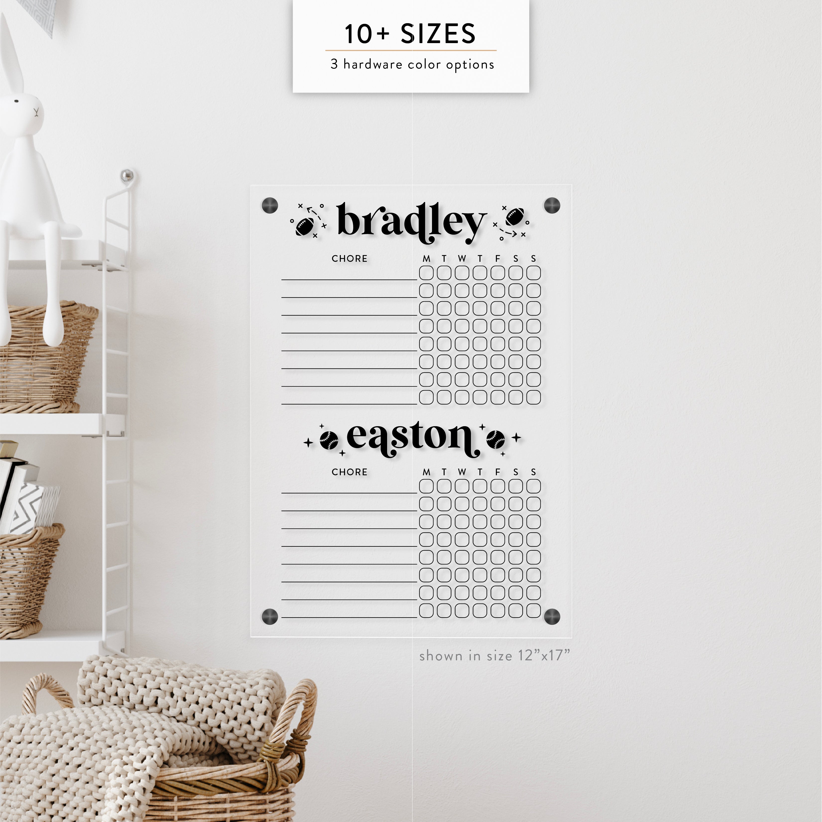 Personalized Kid's Acrylic Chore Chart for 2 Kids with Custom Sport Embellishment