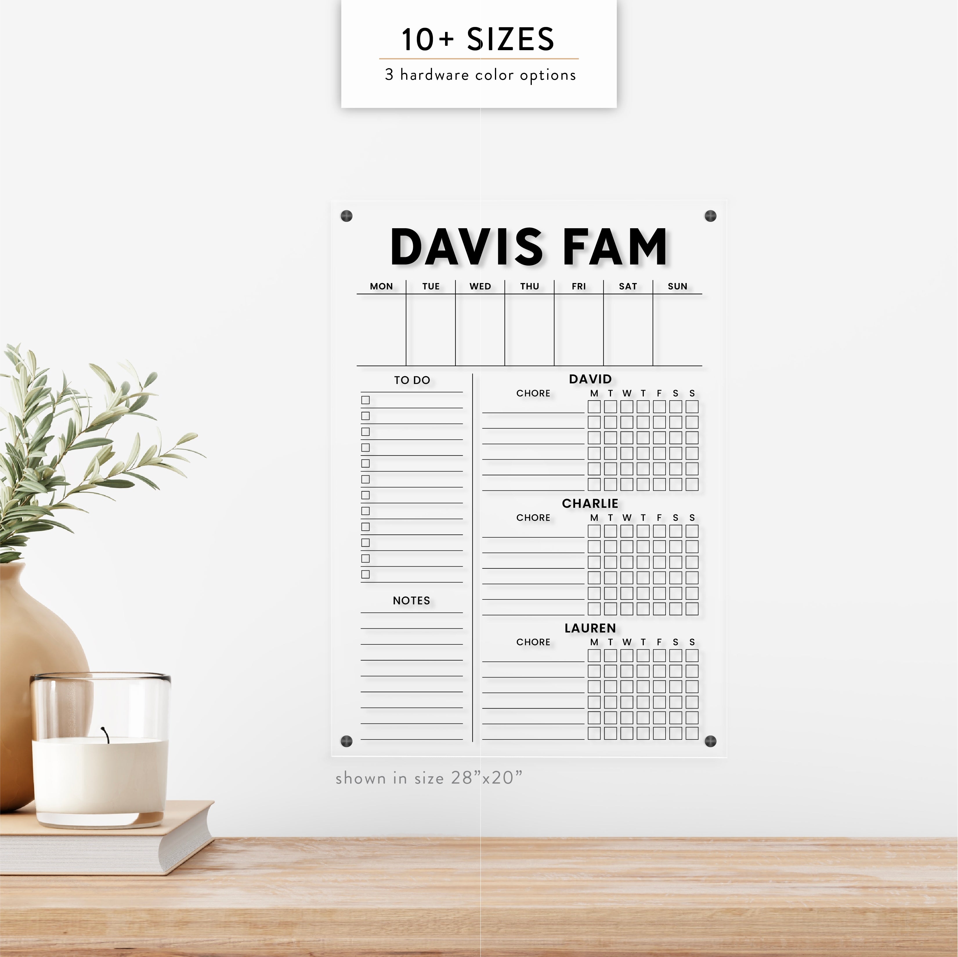 Personalized Weekly and Kid's Chore Chart for 3 Kids Acrylic Wall Calendar
