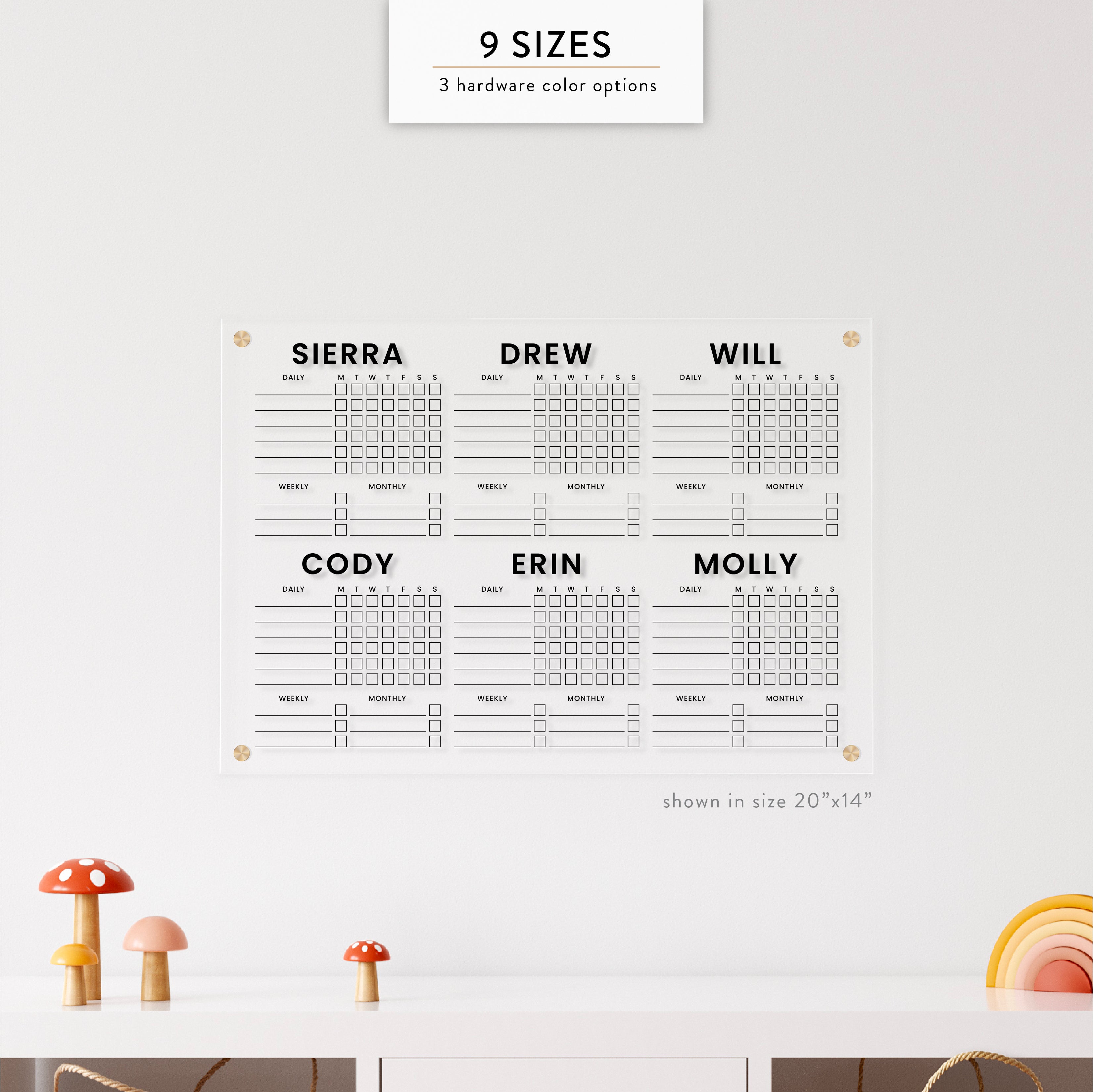 Personalized Kid's Acrylic Chore Chart for Six Kids
