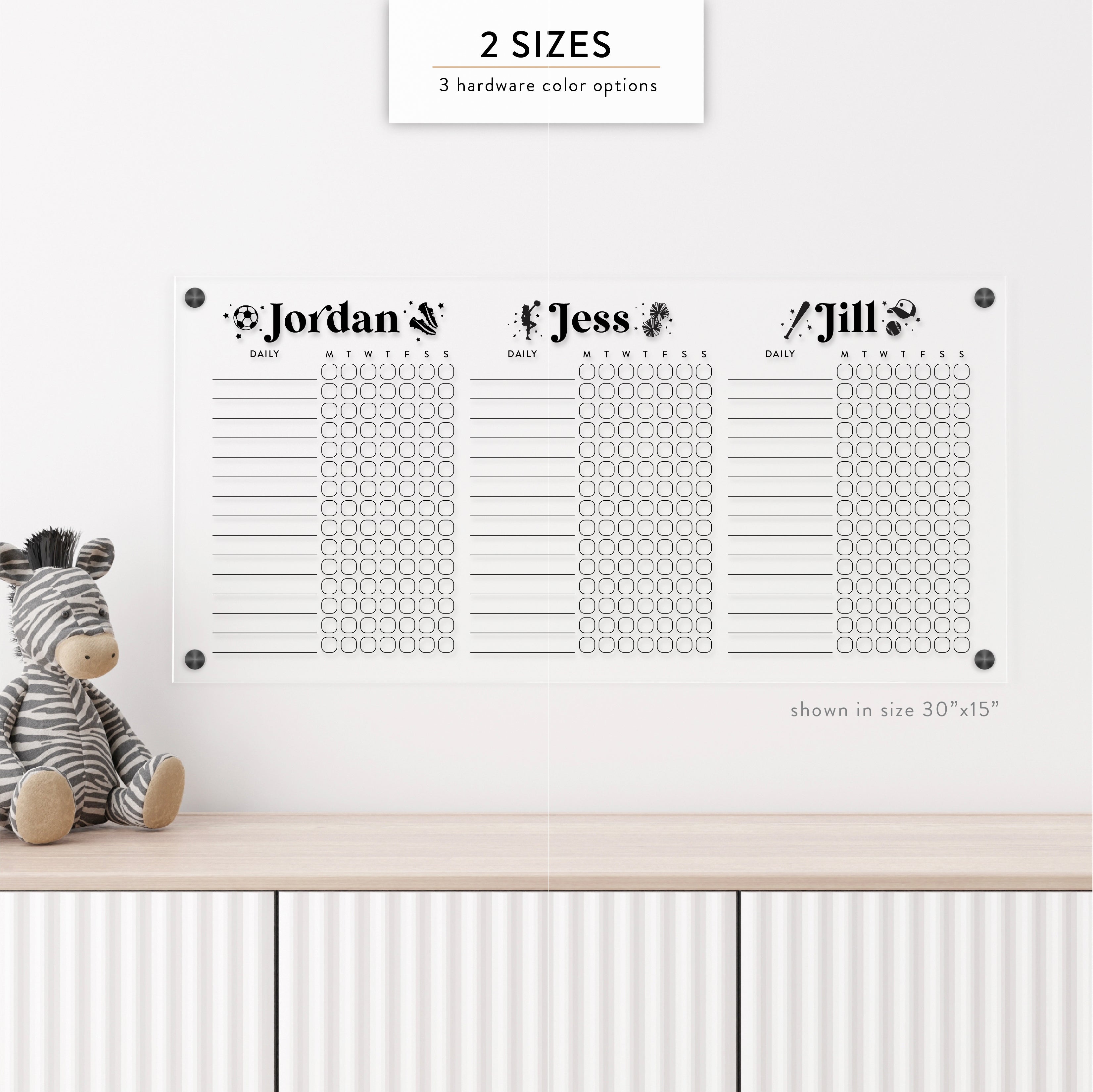 Personalized Kid's Acrylic Chore Chart for 3 Kids with Sport/Hobby Embellishments