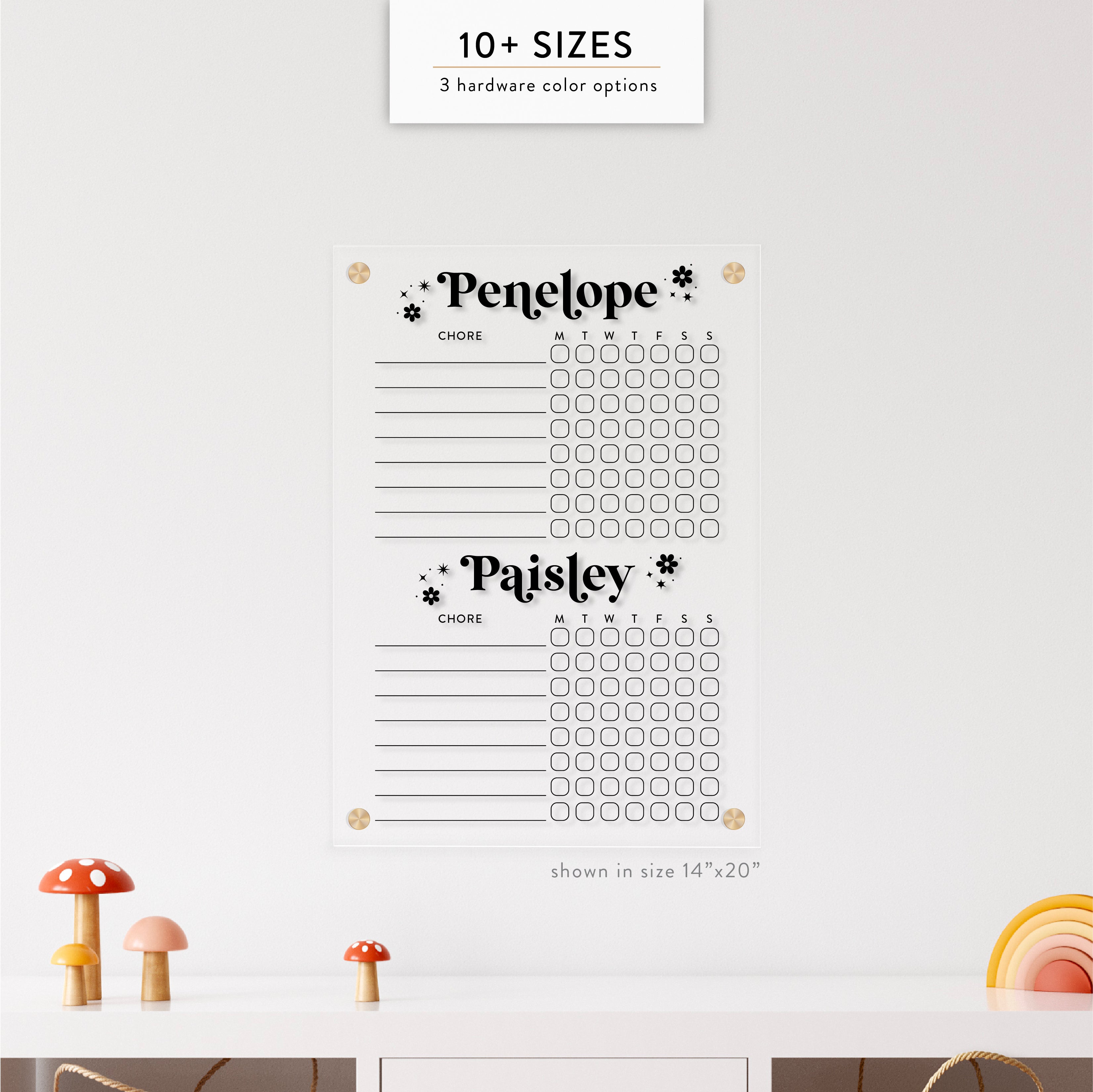 Personalized Kid's Acrylic Chore Chart for 2 Kids with Custom Hobby Embellishment