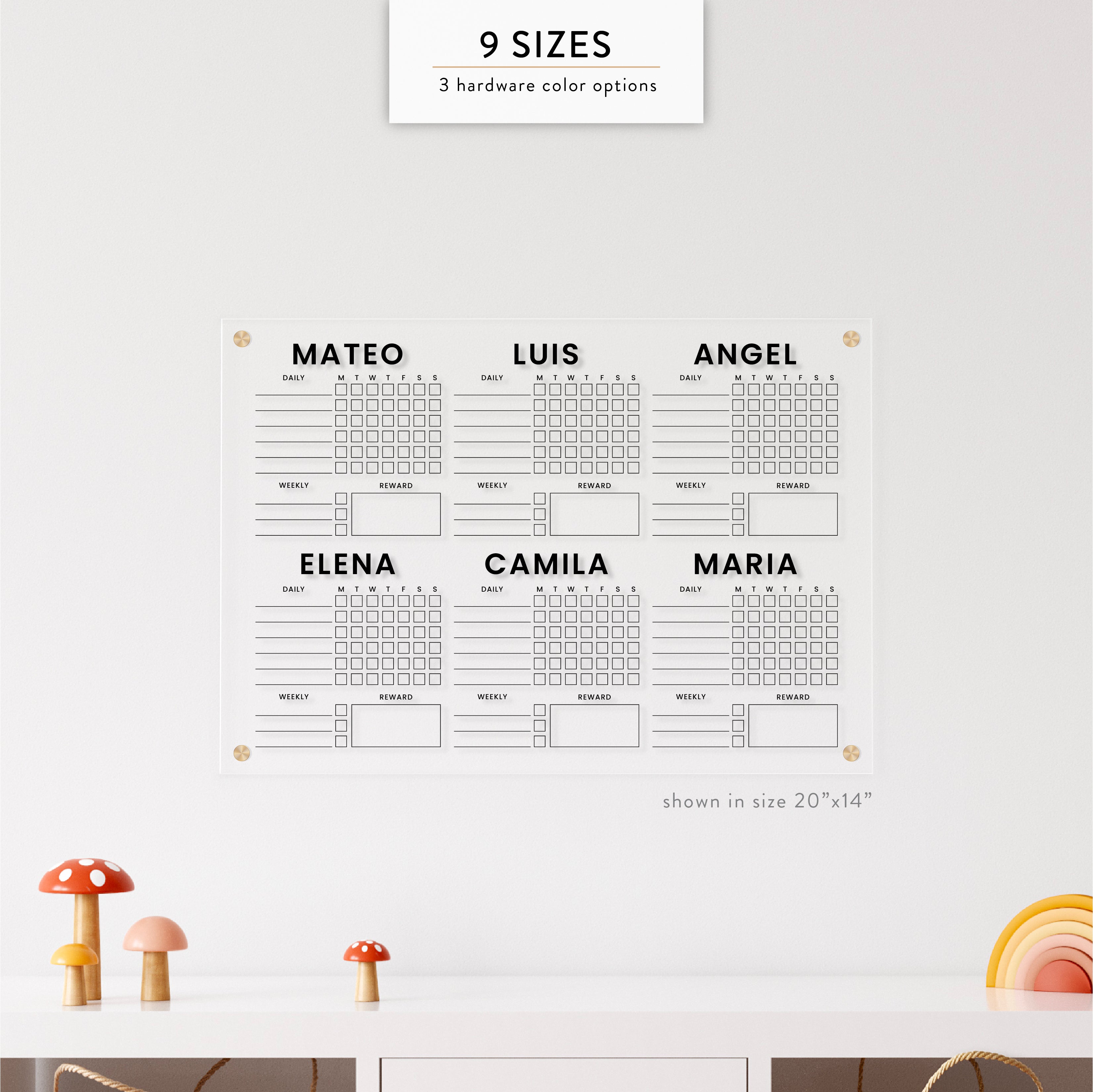 Personalized Kid's Acrylic Chore Chart for Six Kids