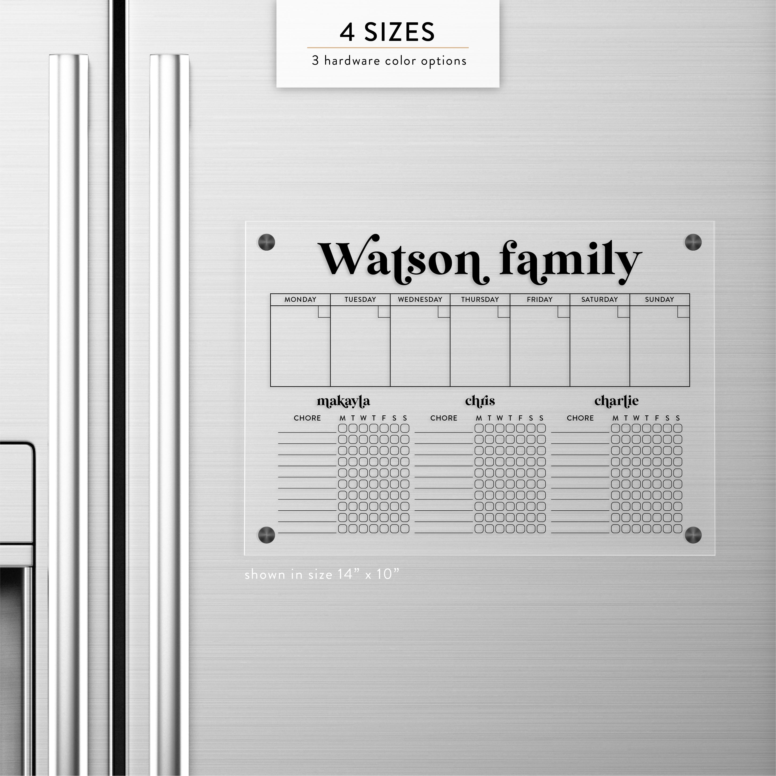 Personalized Weekly + Chore Chart for 3 Kids Magnetic Acrylic Fridge Calendar