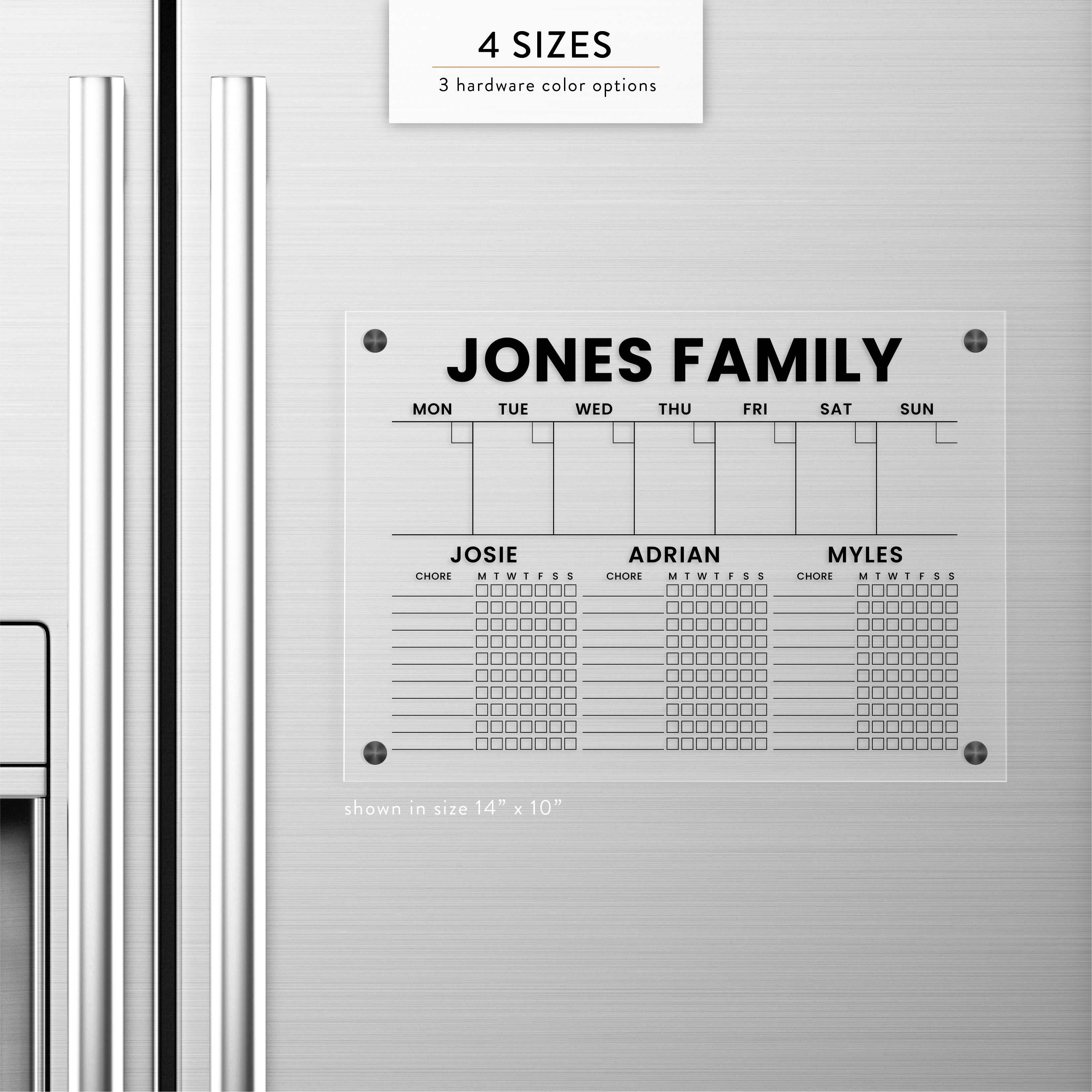 Personalized Weekly + Chore Chart for 3 Kids Magnetic Acrylic Fridge Calendar