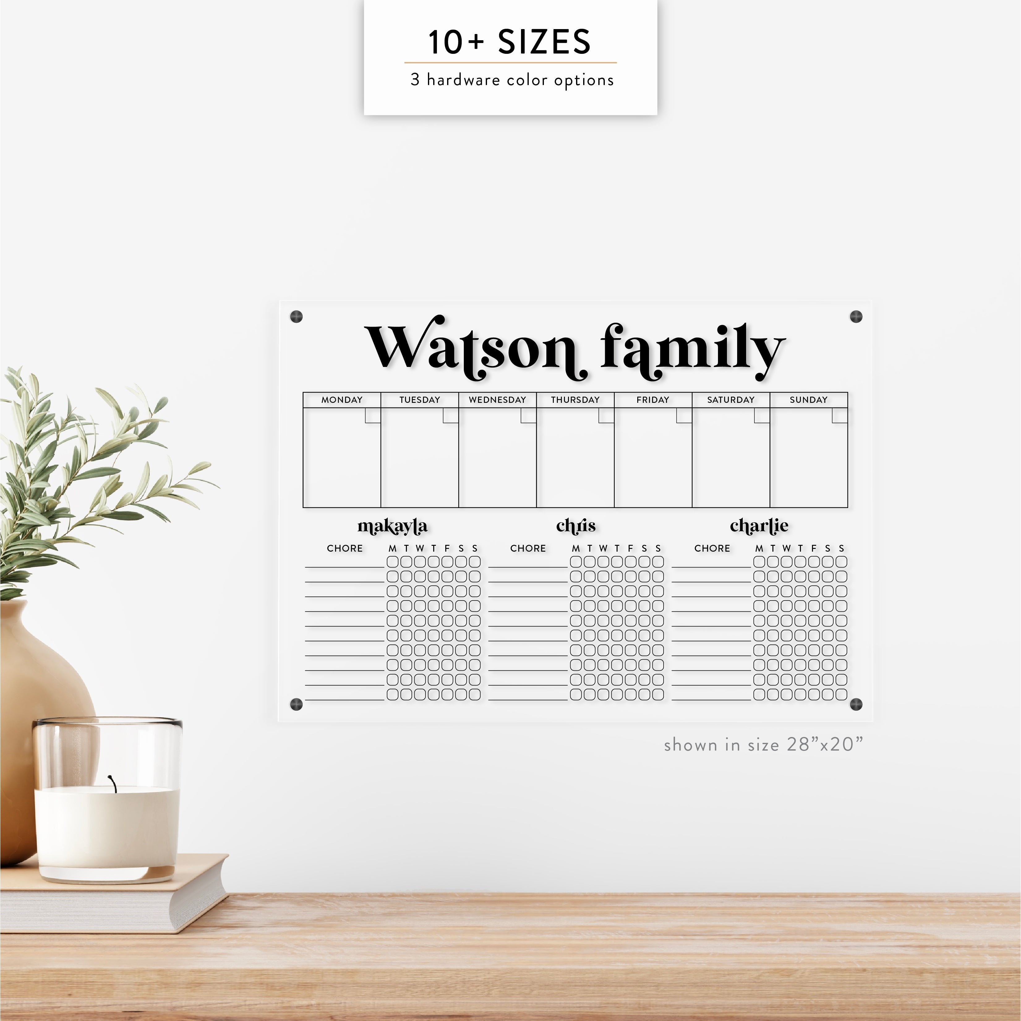 Personalized Weekly & Kid's Chore Chart for 3 Kids Acrylic Wall Calendar