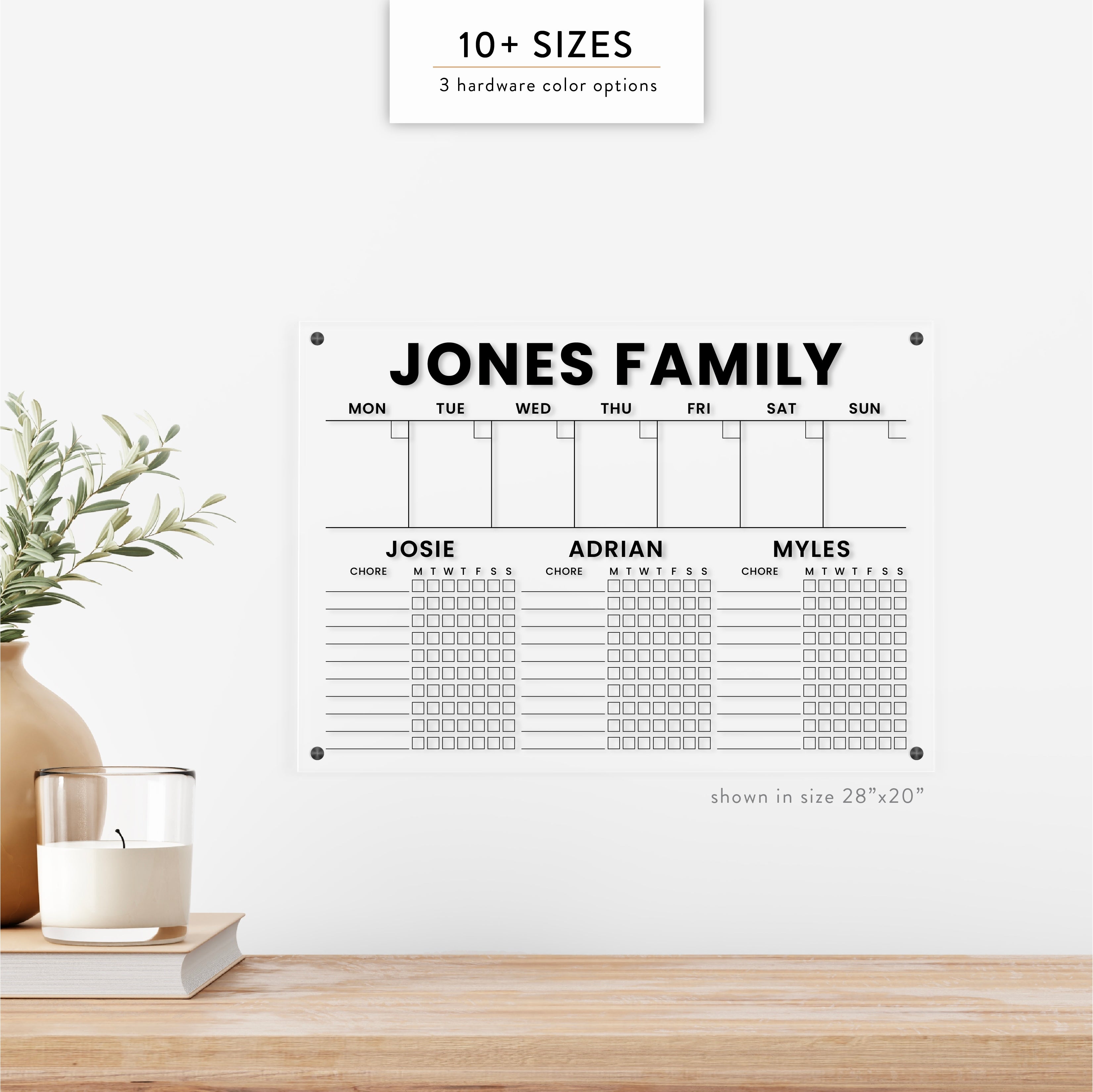 Personalized Weekly & Kid's Chore Chart for 3 Kids Acrylic Wall Calendar