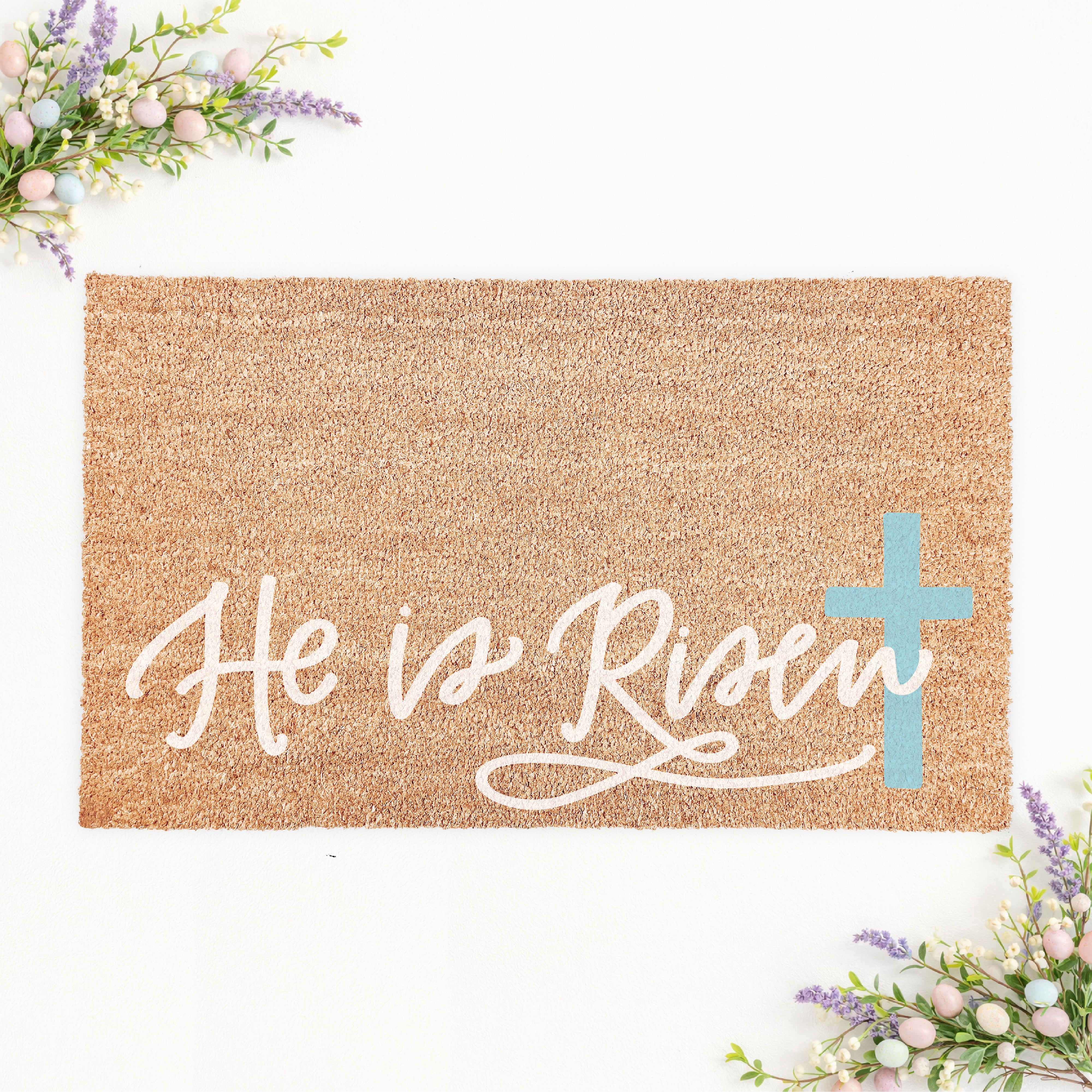 He is Risen Cross Easter Doormat