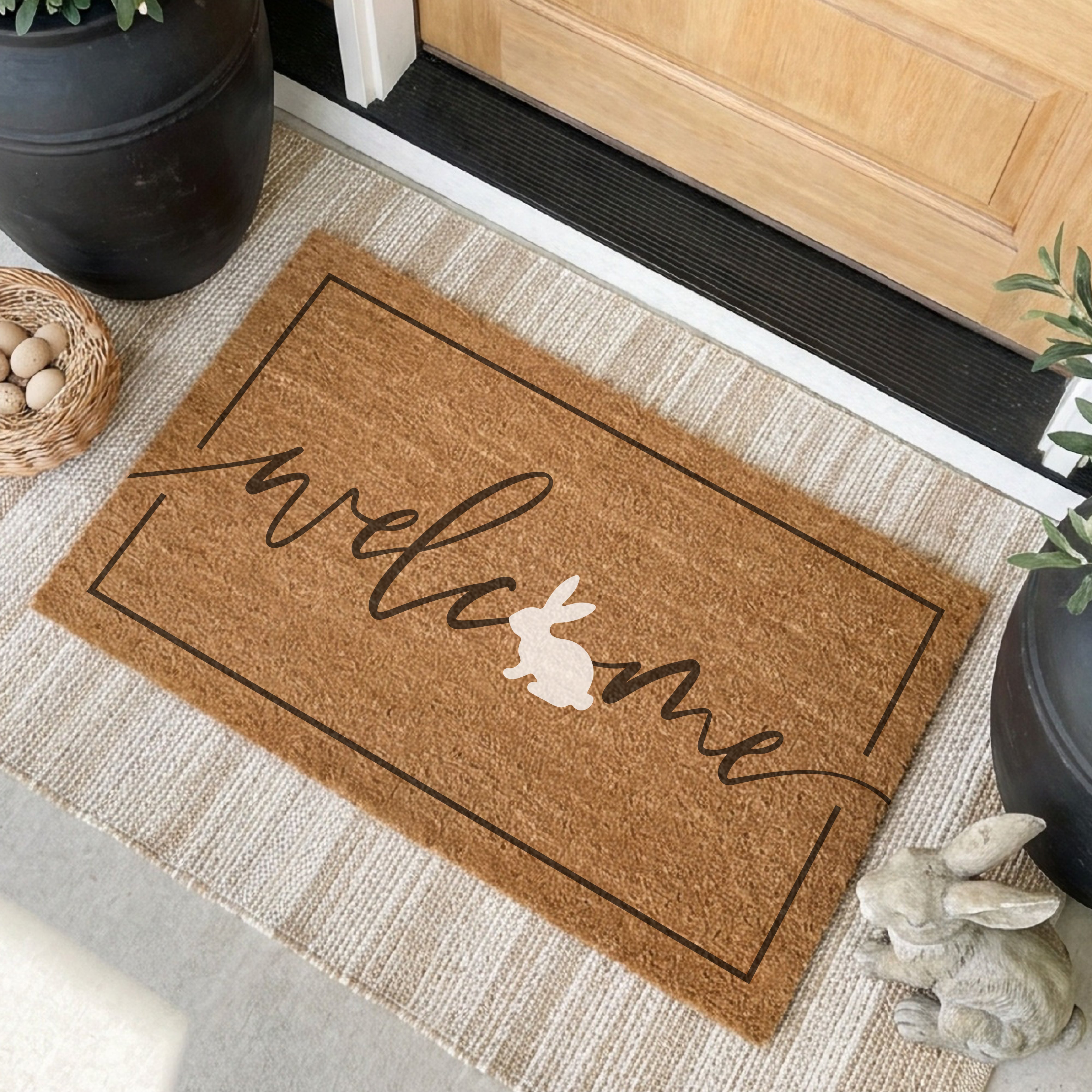 Bunny Welcome Script Border Doormat