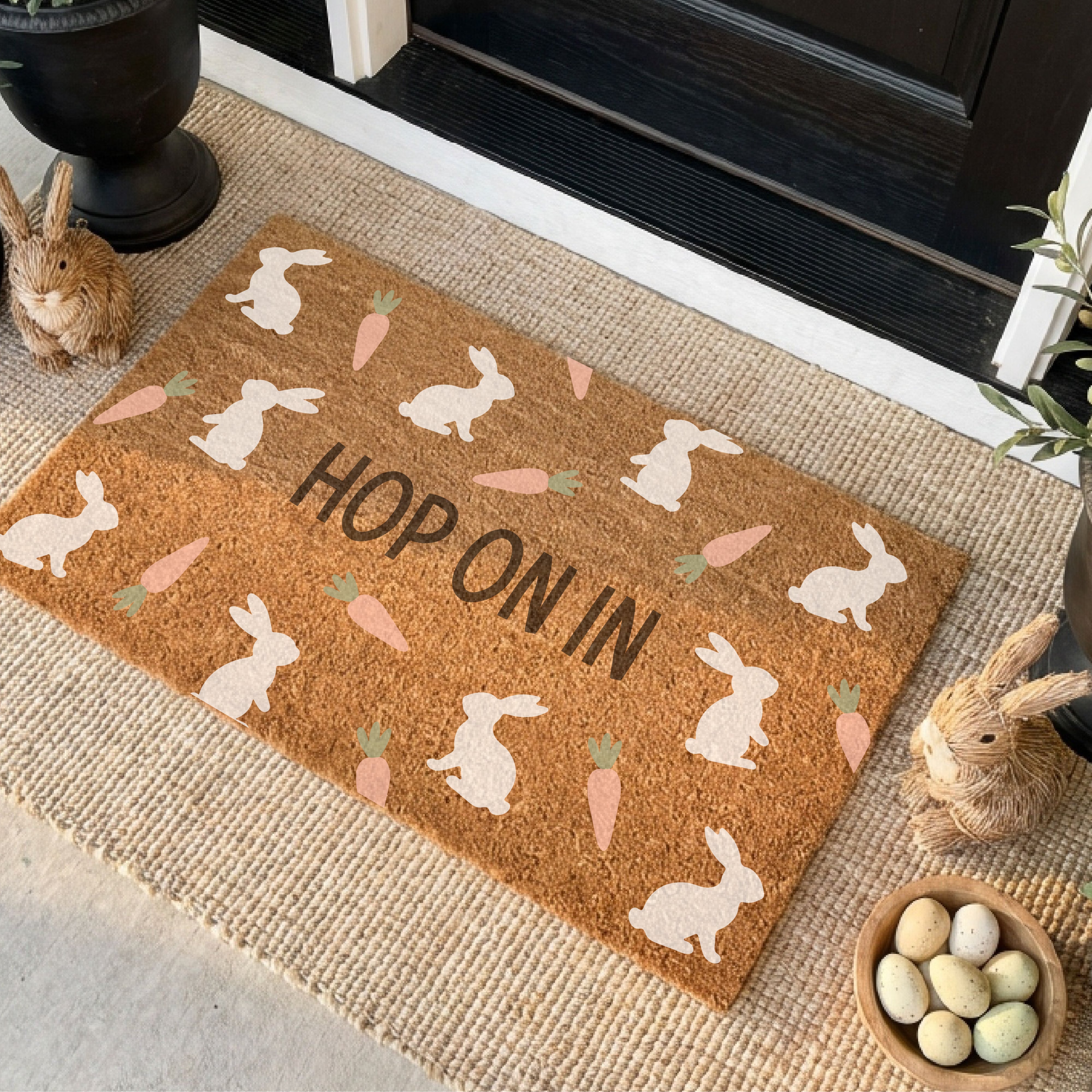 Hop On In Rabbit & Carrot Pattern Doormat
