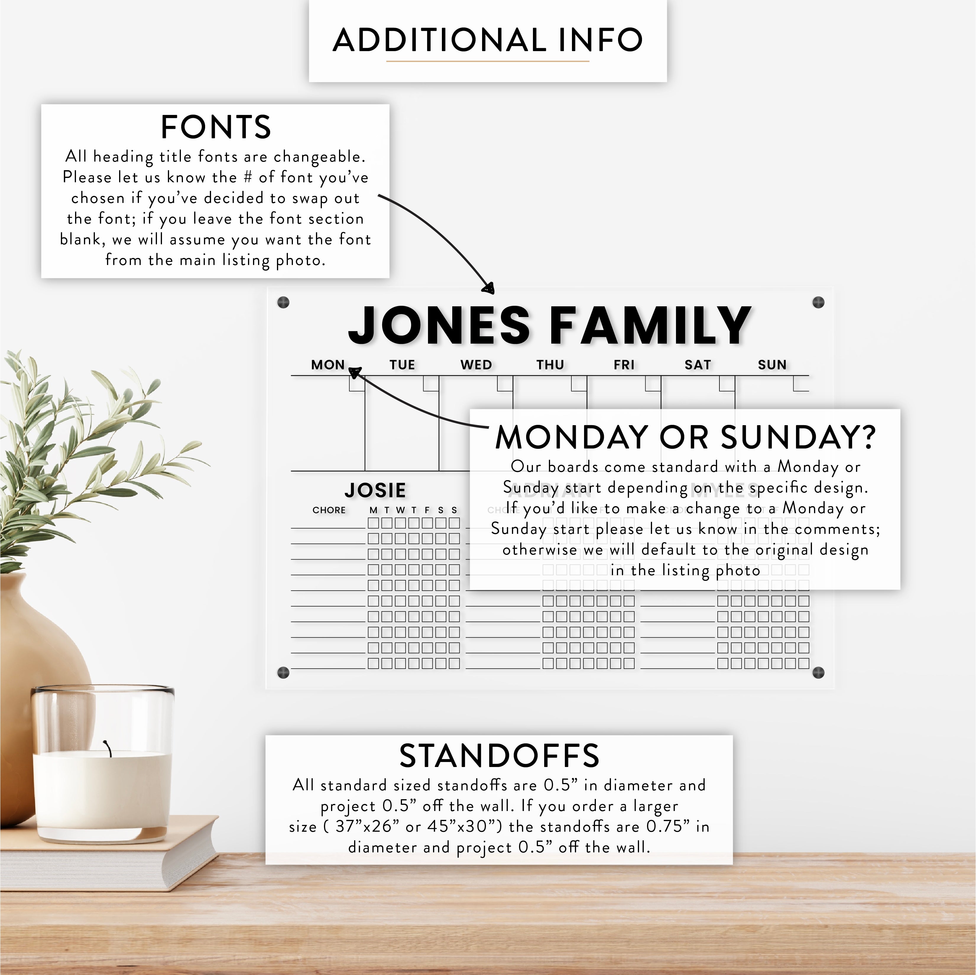 Personalized Weekly & Kid's Chore Chart for 3 Kids Acrylic Wall Calendar