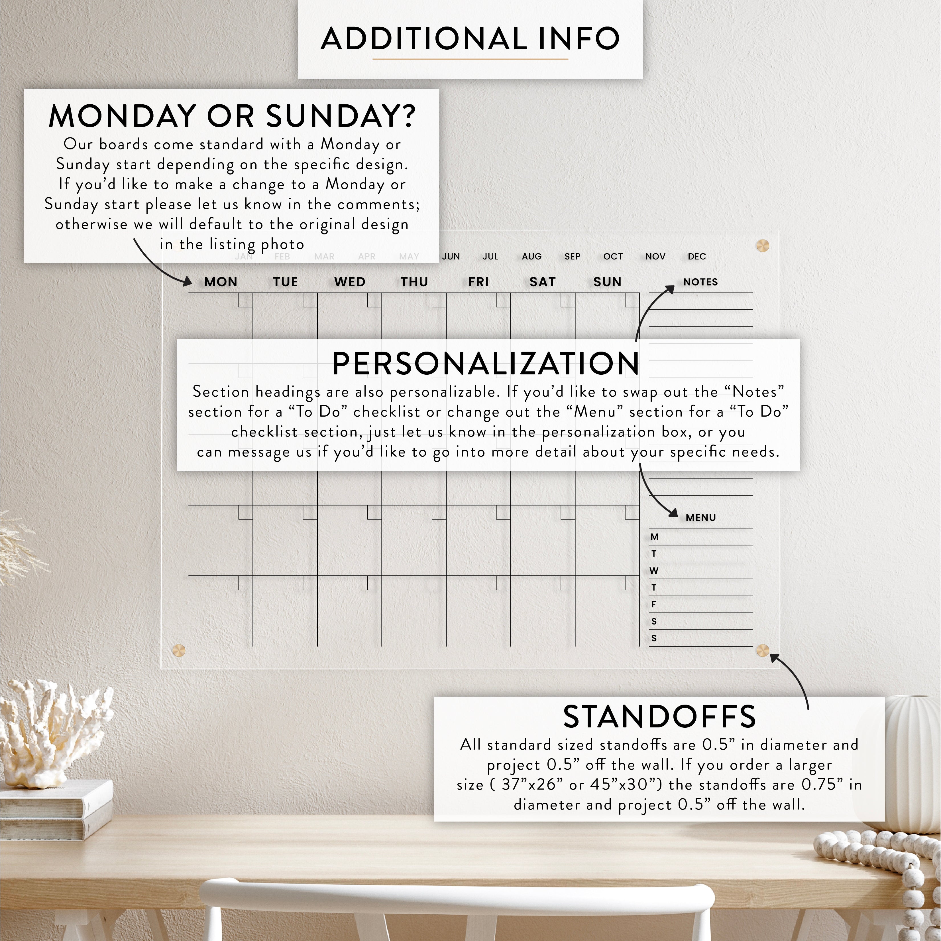Monthly + Custom Sidebar Sections Acrylic Wall Calendar