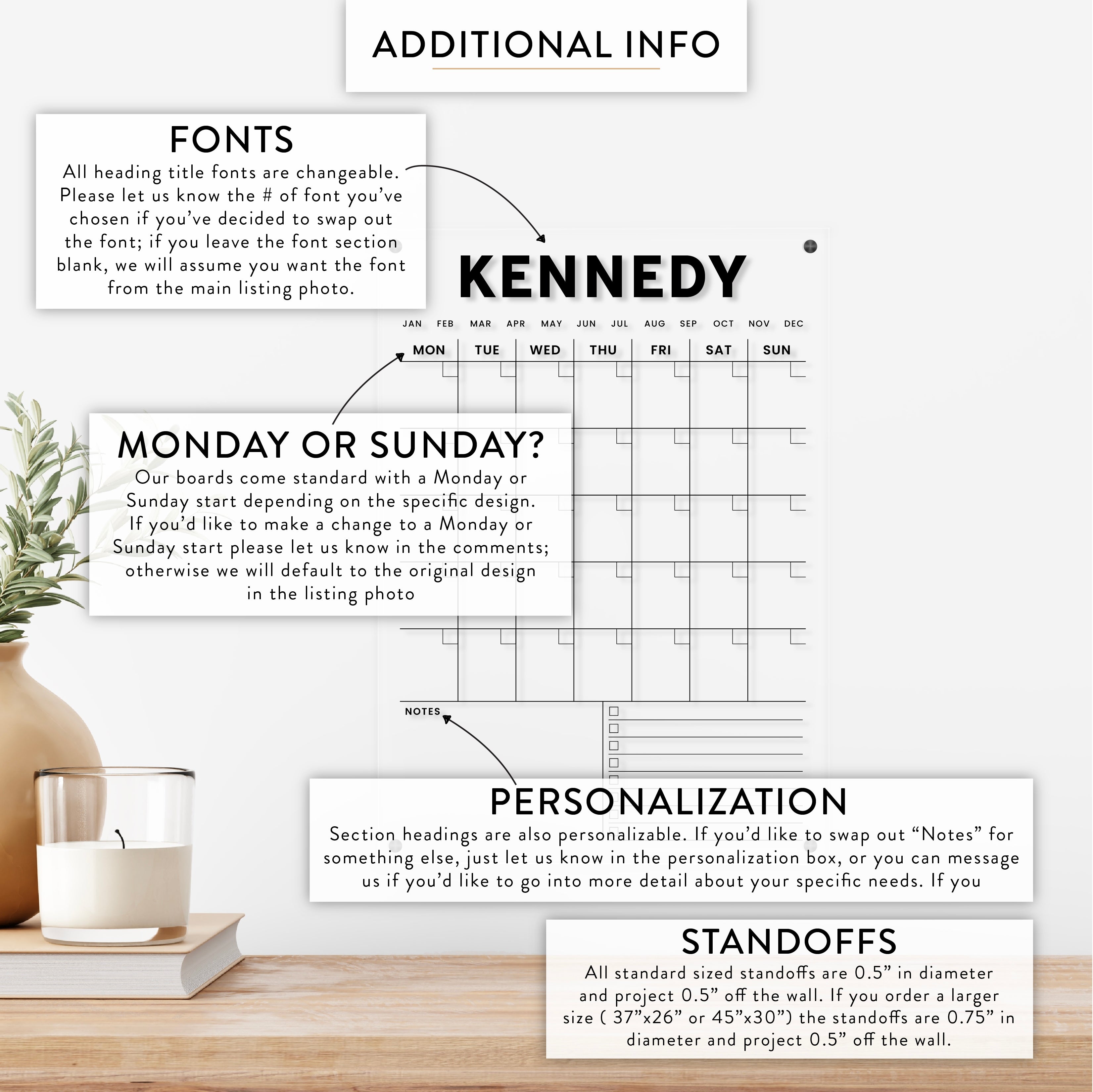 Personalized Monthly with Notes and Checklist Acrylic Wall Calendar