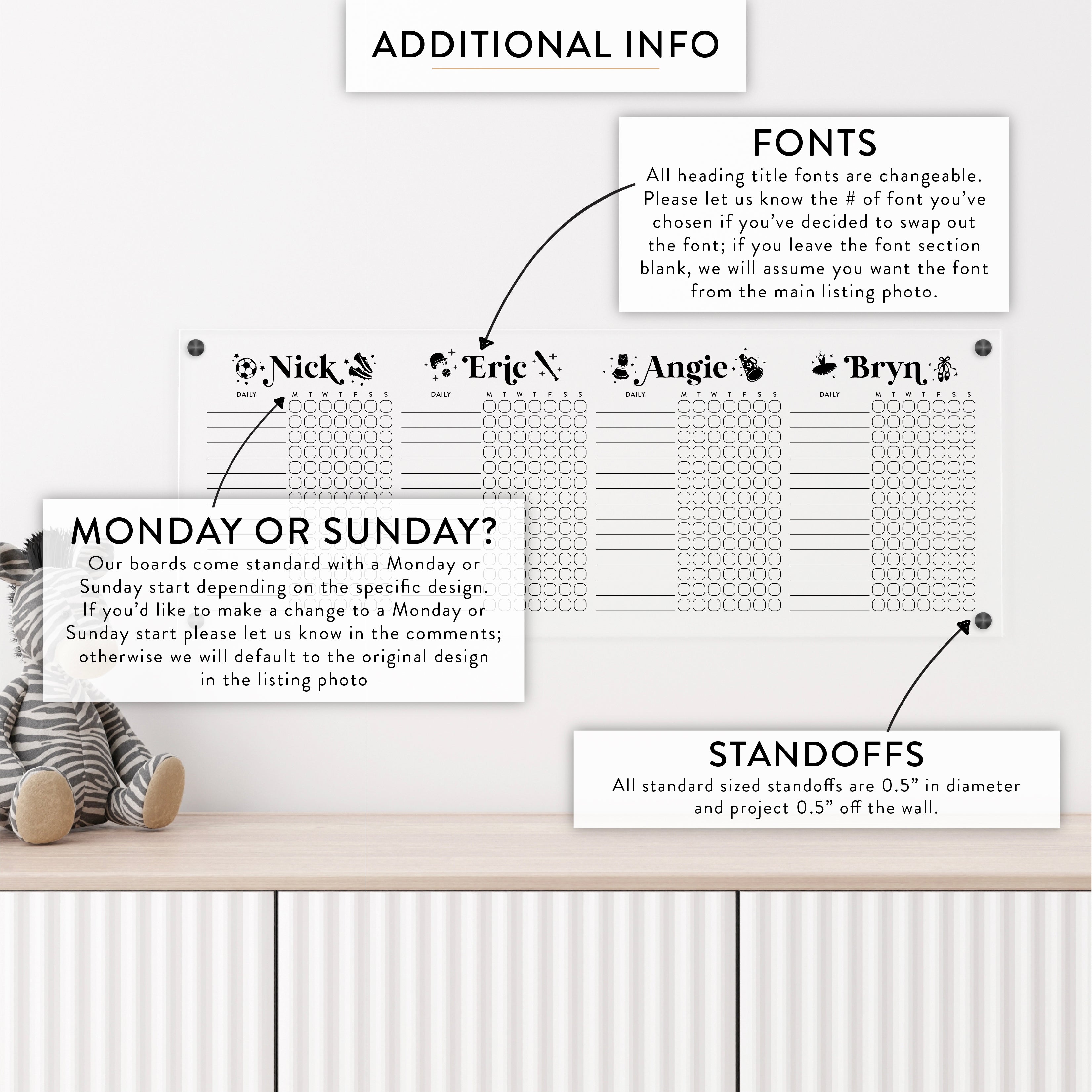 Personalized Kid's Acrylic Chore Chart for Four Kids with Hobby/Sport Embellishment