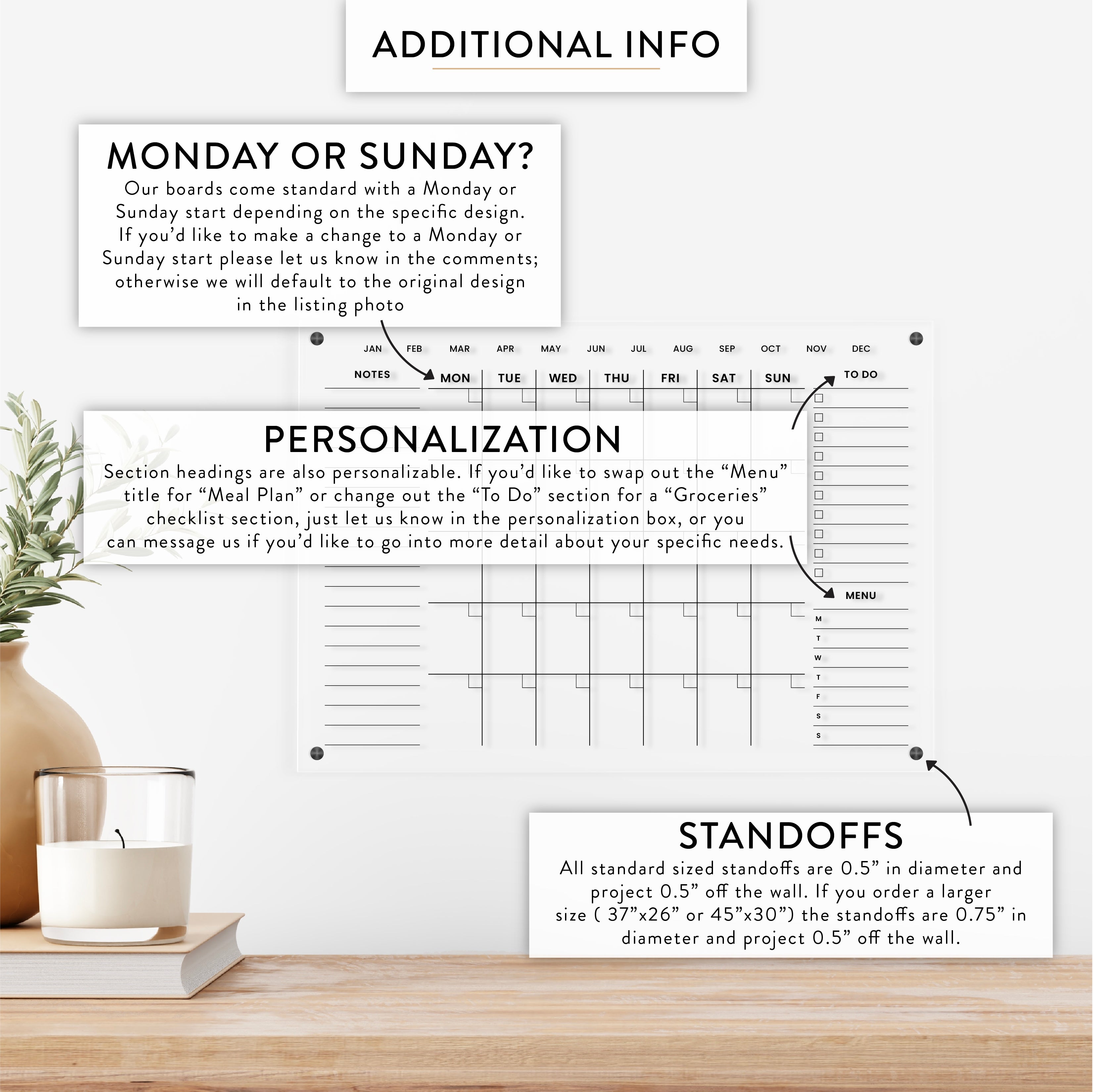 Monthly & Double Sidebar Info Acrylic Wall Calendar