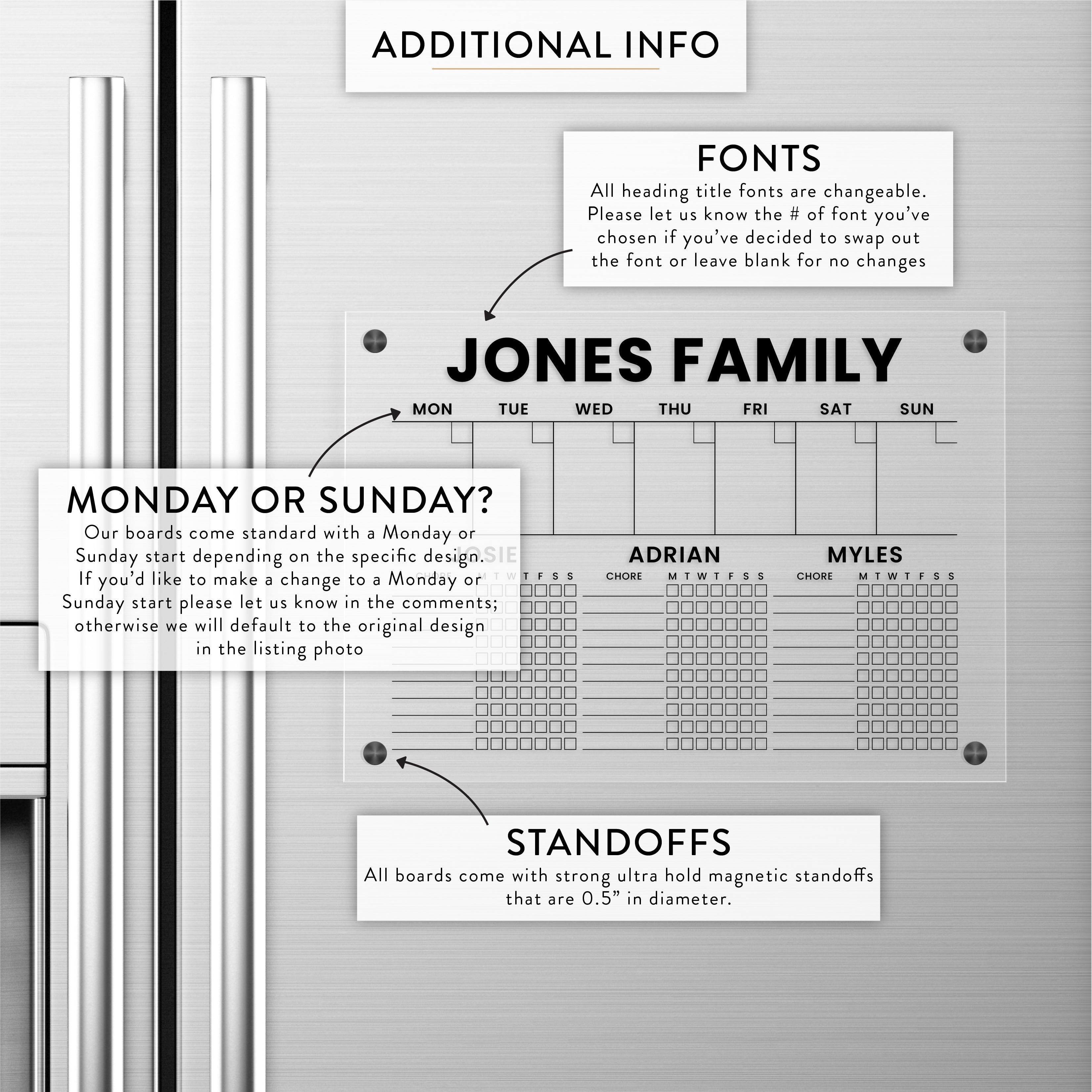 Personalized Weekly + Chore Chart for 3 Kids Magnetic Acrylic Fridge Calendar