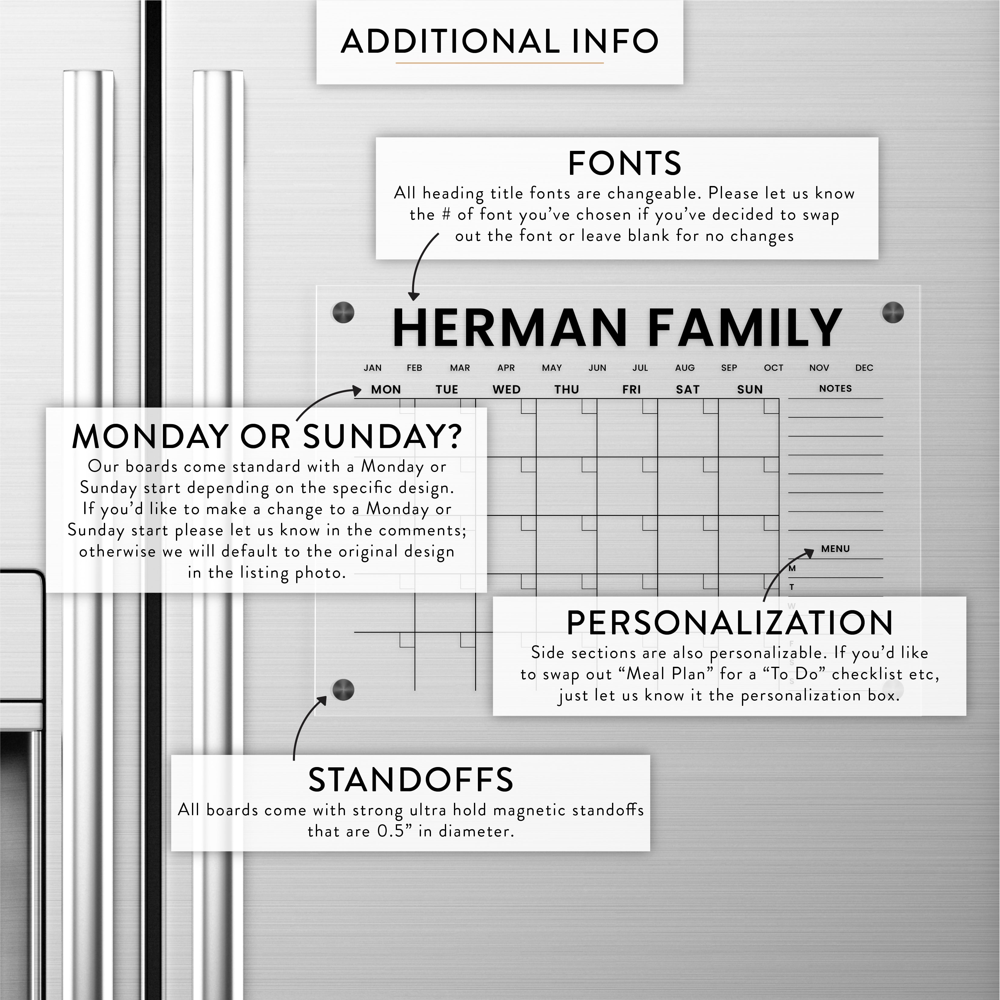 Personalized Monthly + Customizable Sidebar Magnetic Acrylic Fridge Calendar