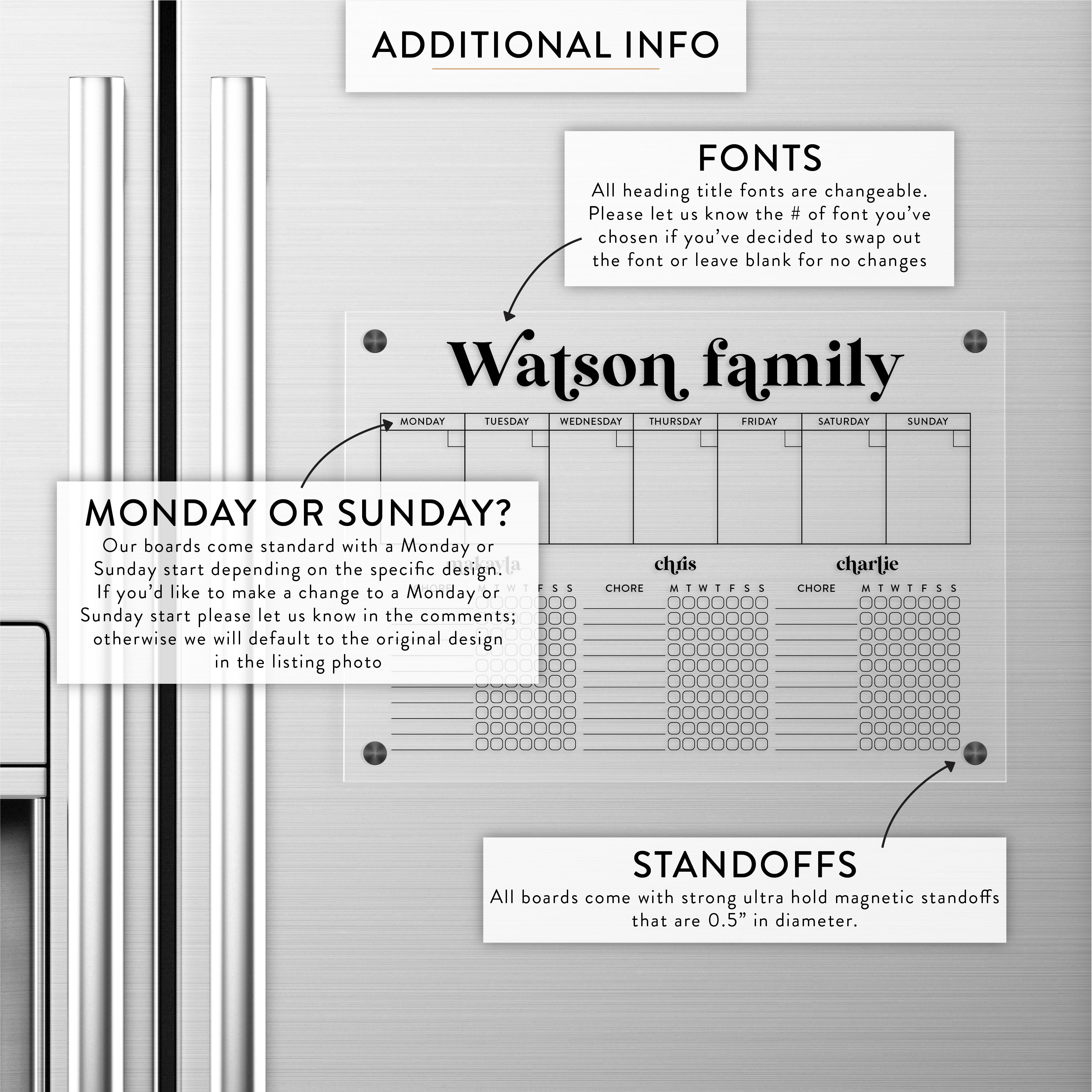 Personalized Weekly + Chore Chart for 3 Kids Magnetic Acrylic Fridge Calendar