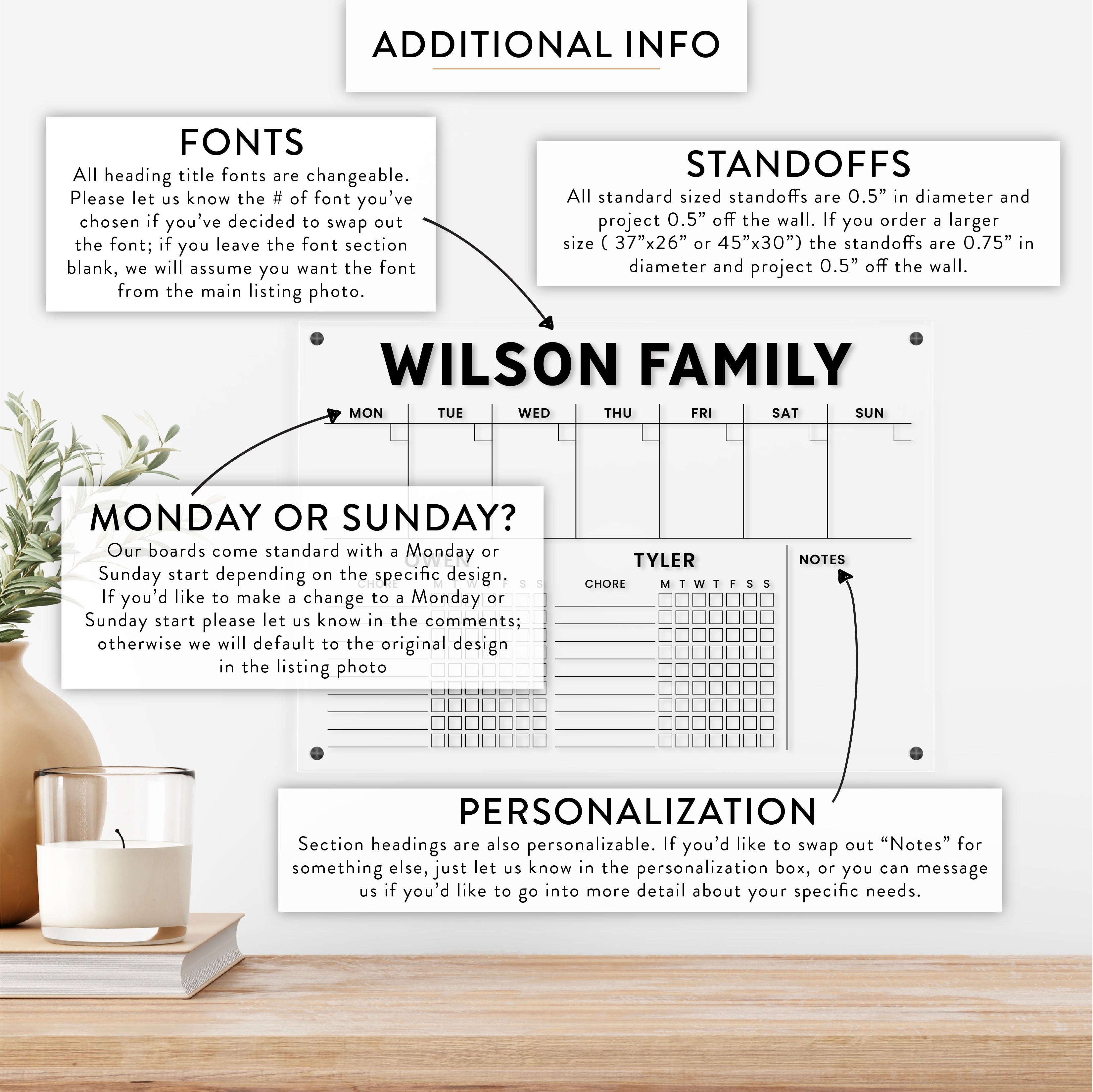 Personalized Weekly & Kid's Chore Chart for 2 Kids Acrylic Wall Calendar