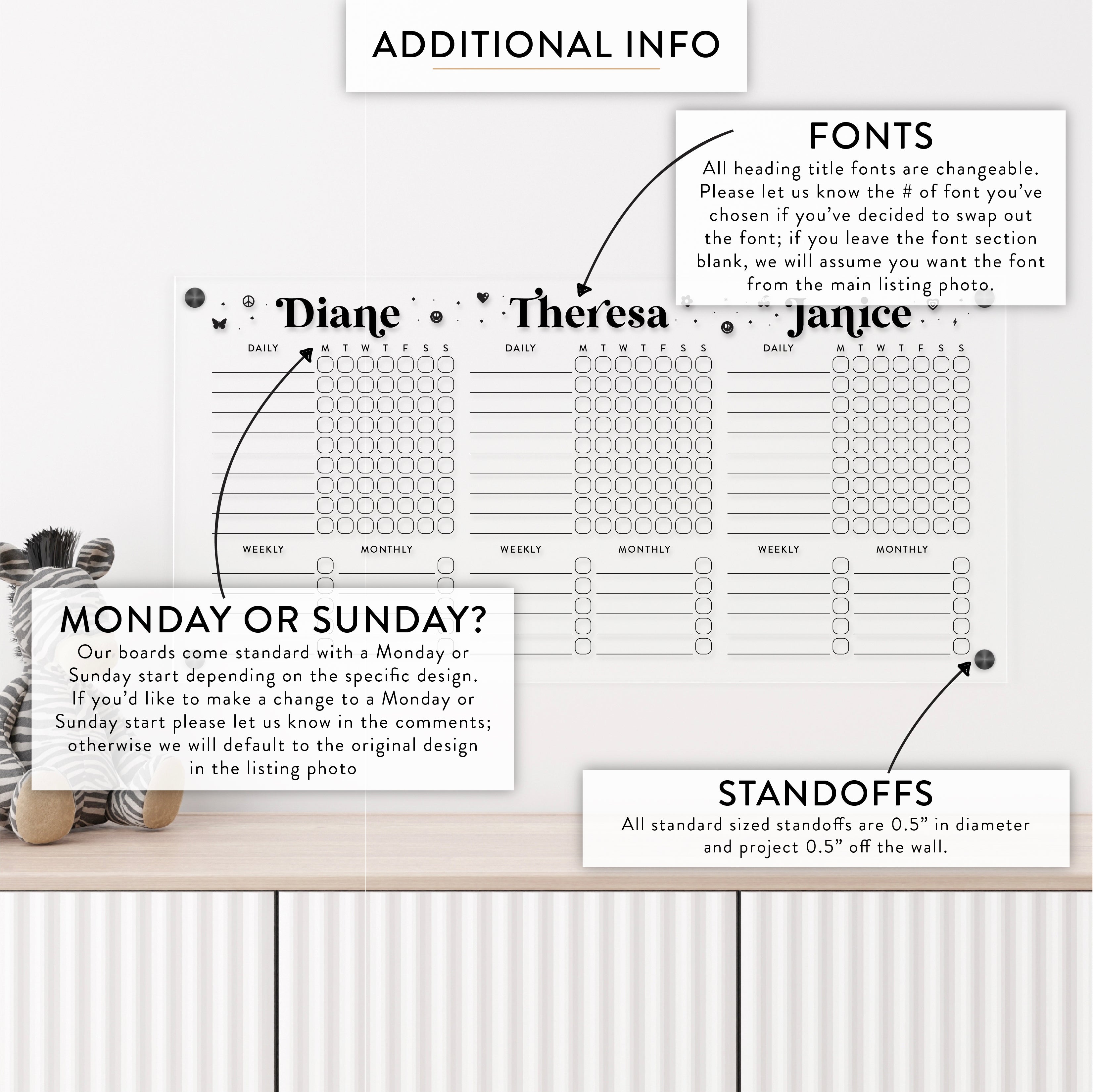 Personalized Kid's Acrylic Chore Chart for 3 Kids w/ Hobby/Sport Embellishments