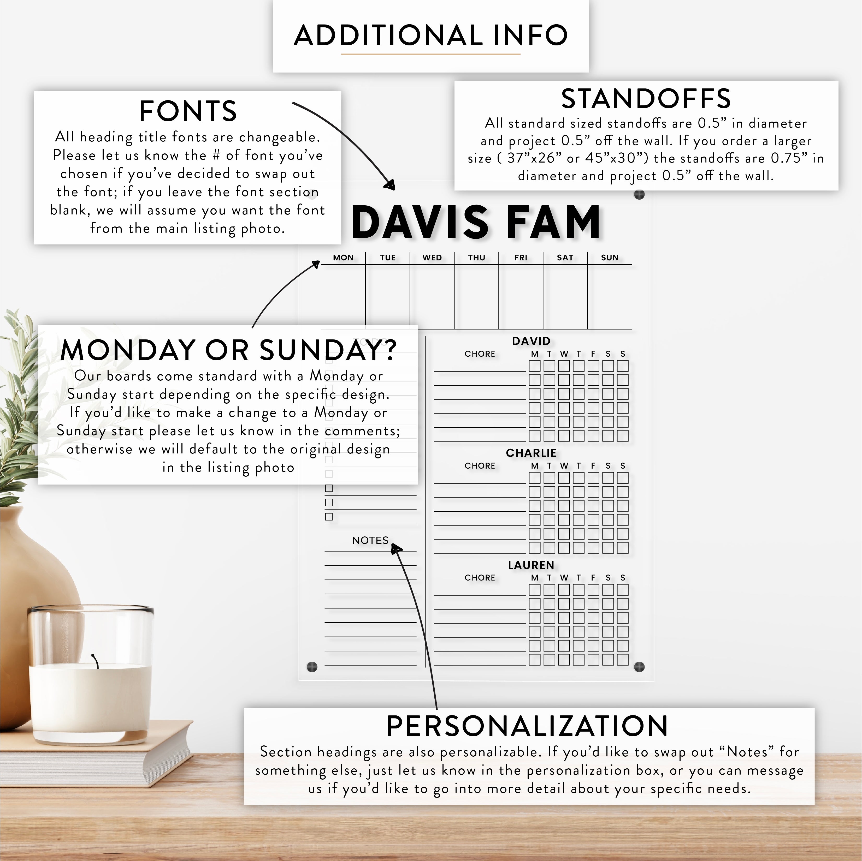 Personalized Weekly and Kid's Chore Chart for 3 Kids Acrylic Wall Calendar