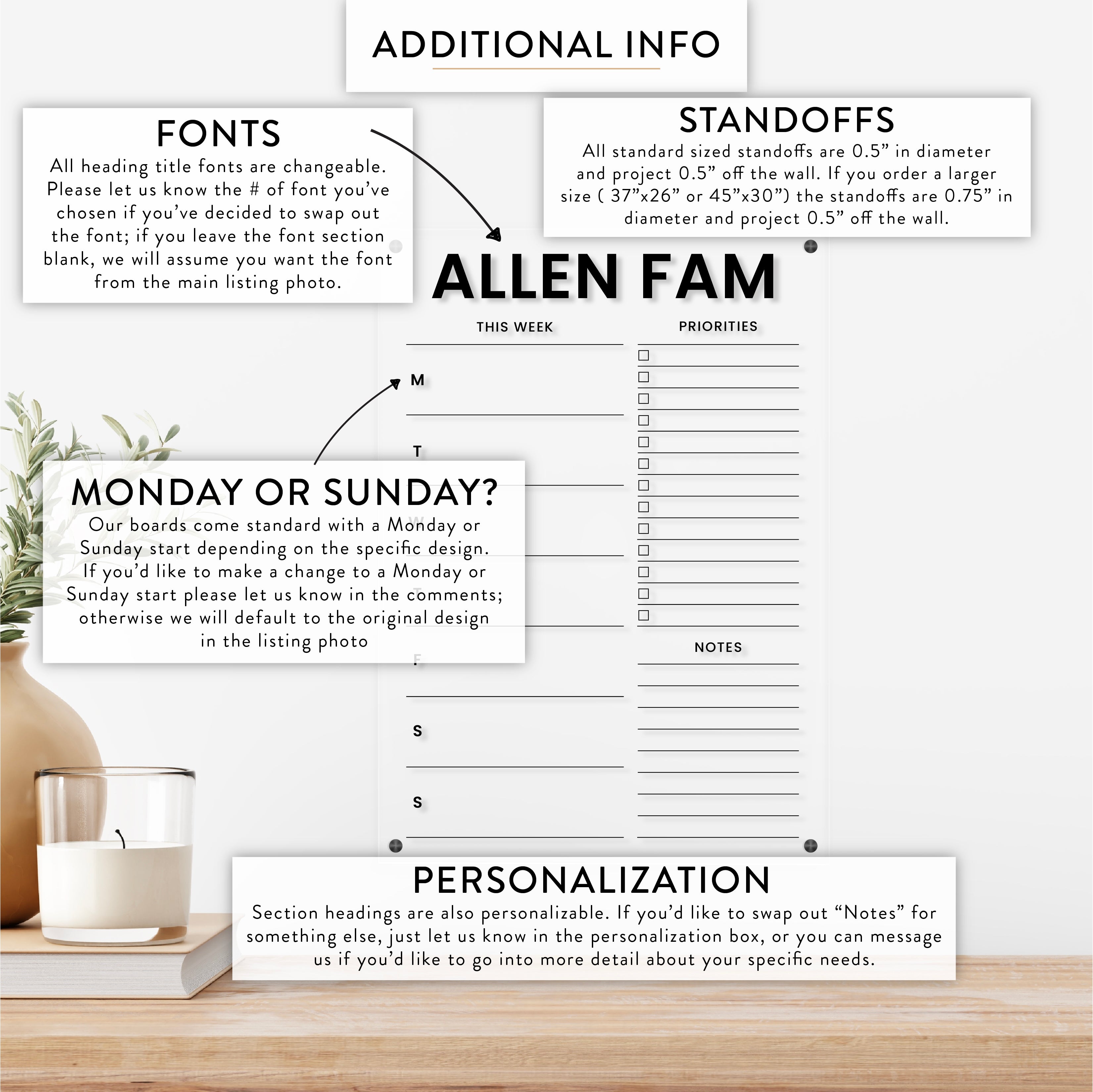 Personalized Weekly with Checklist and Notes Acrylic Wall Calendar