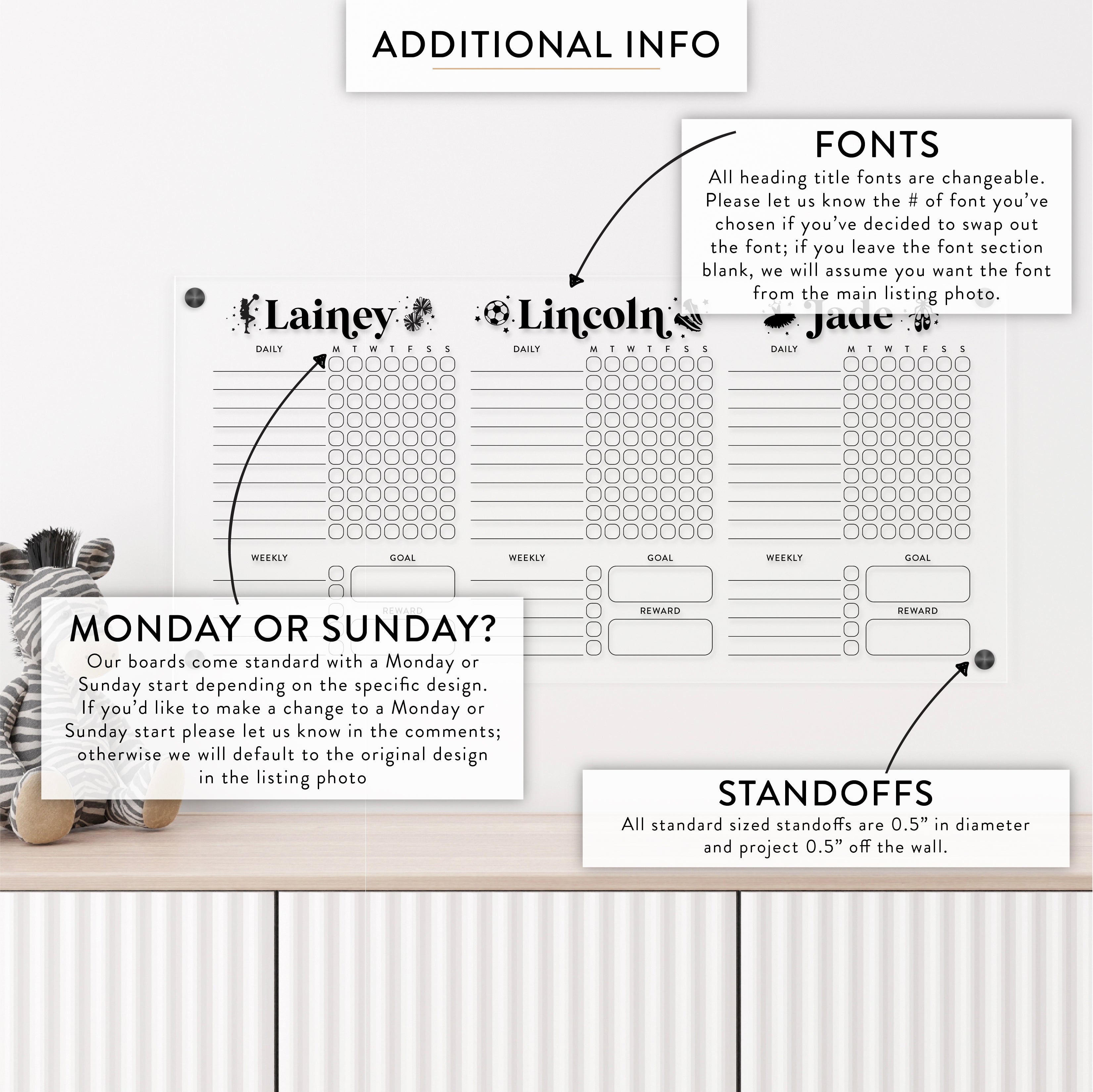 Personalized Kid's Acrylic Chore Chart for 3 Kids with Hobby/Sport Embellishments