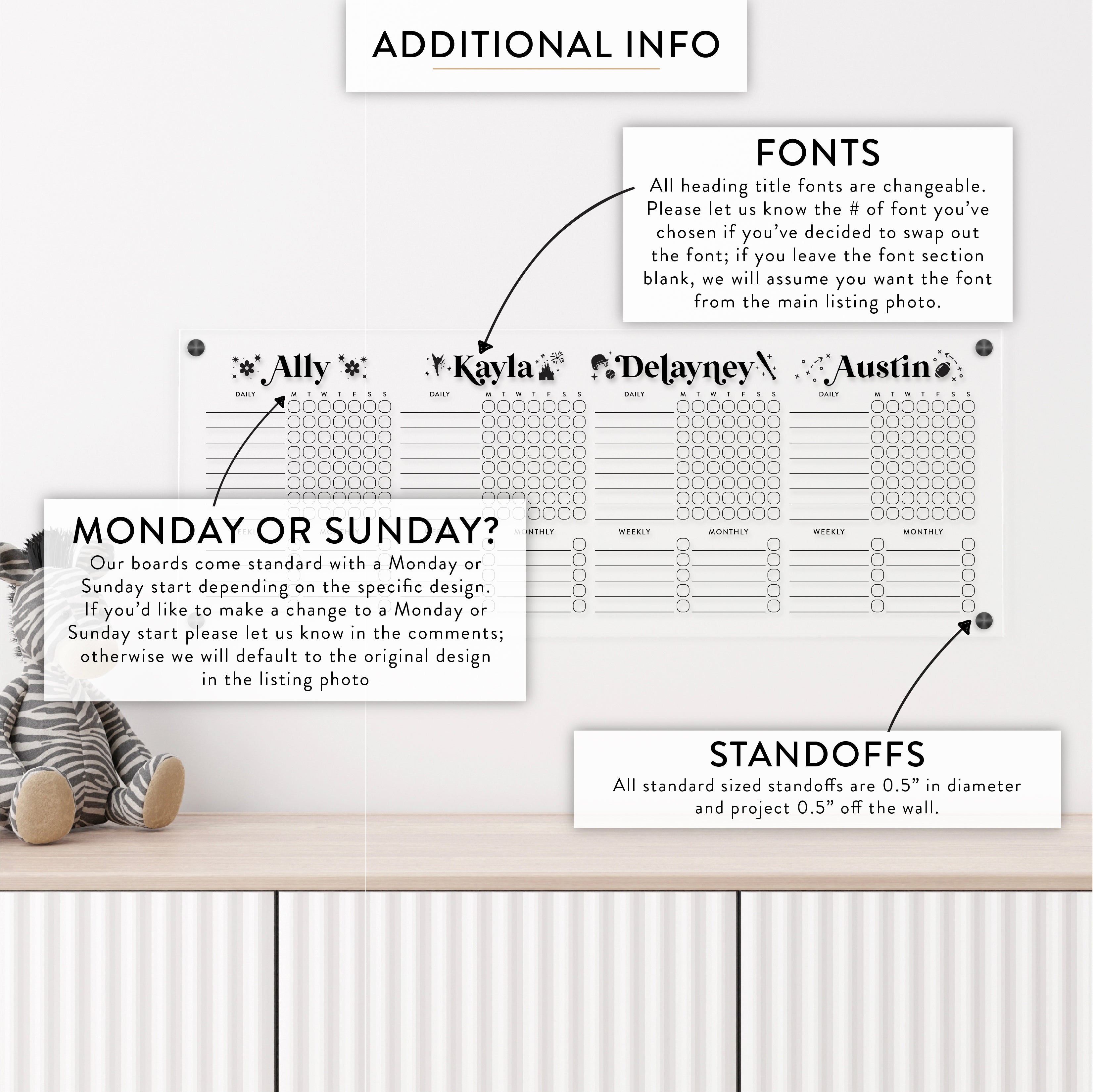 Personalized Kid's Acrylic Chore Chart for Four Kids with Hobby/Sport Embellishment