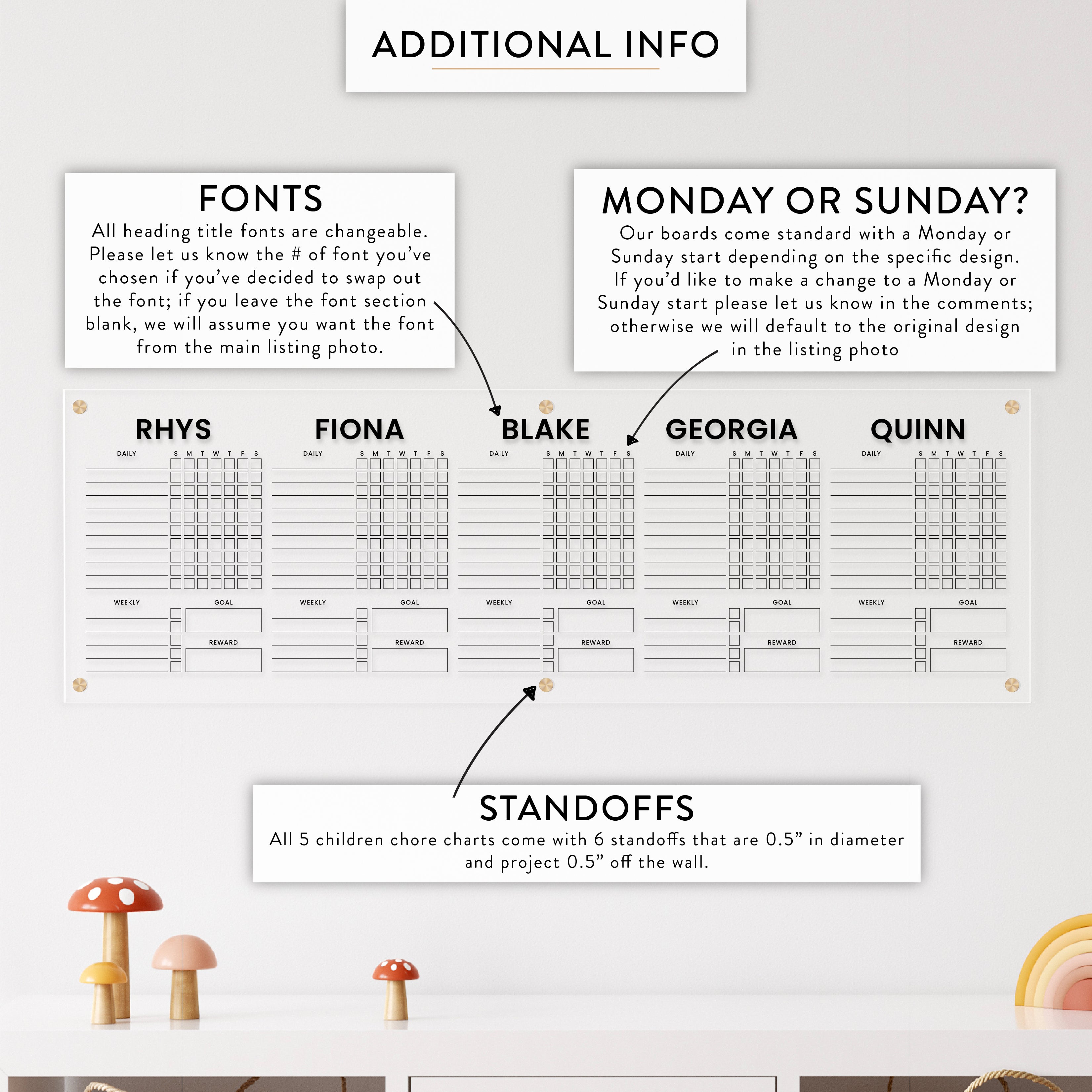 Personalized Kid's Acrylic Chore Chart for Five Kids