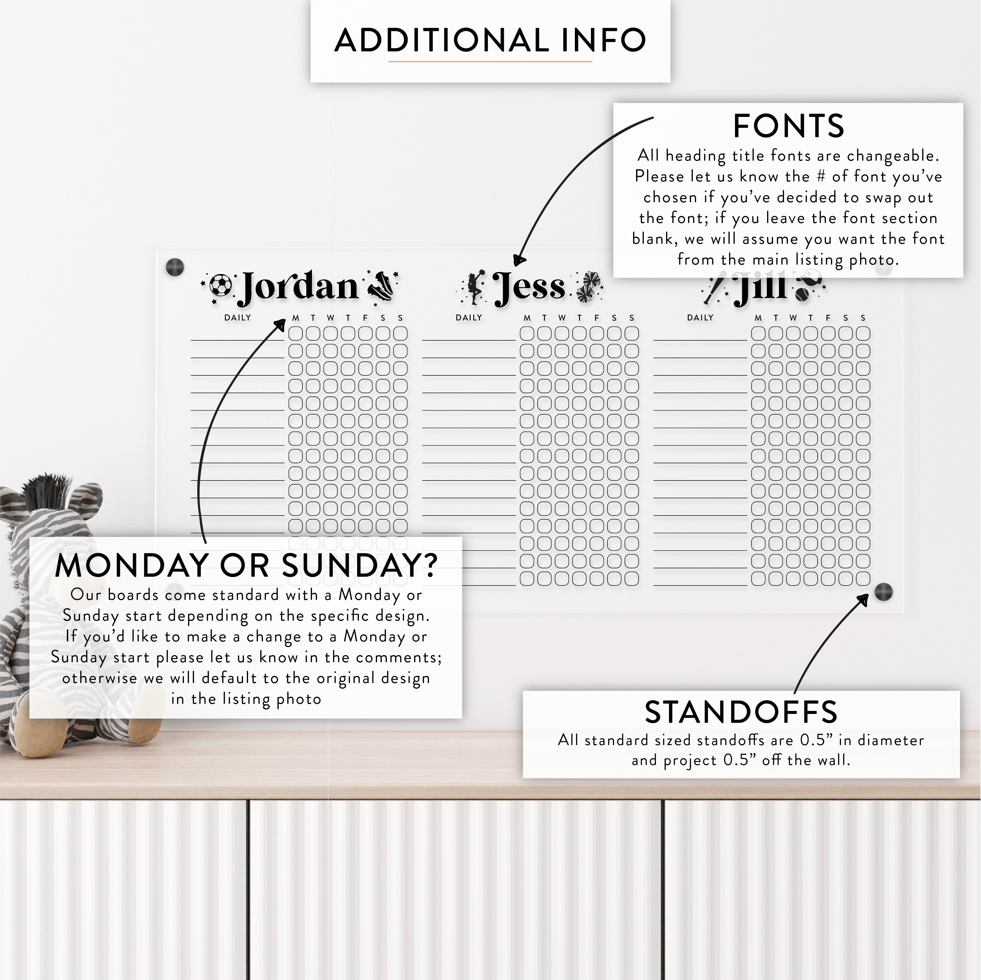 Personalized Kid's Acrylic Chore Chart for 3 Kids with Sport/Hobby Embellishments