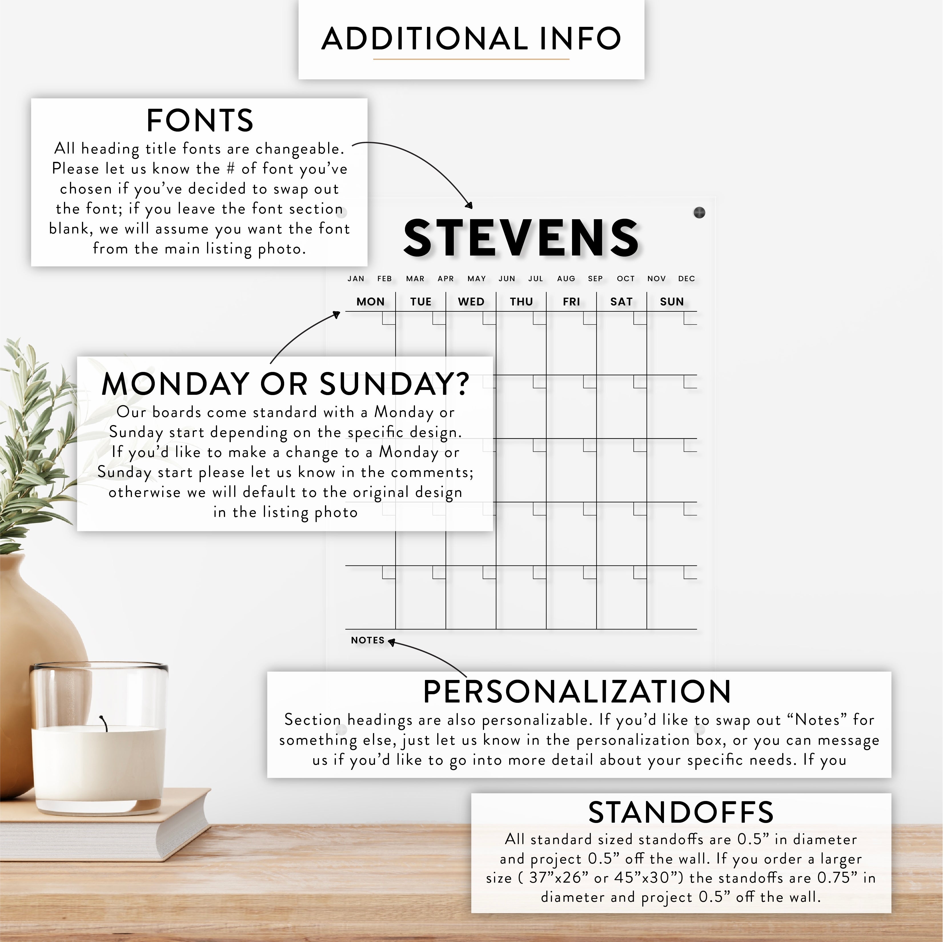 Personalized Monthly with Notes Acrylic Wall Calendar