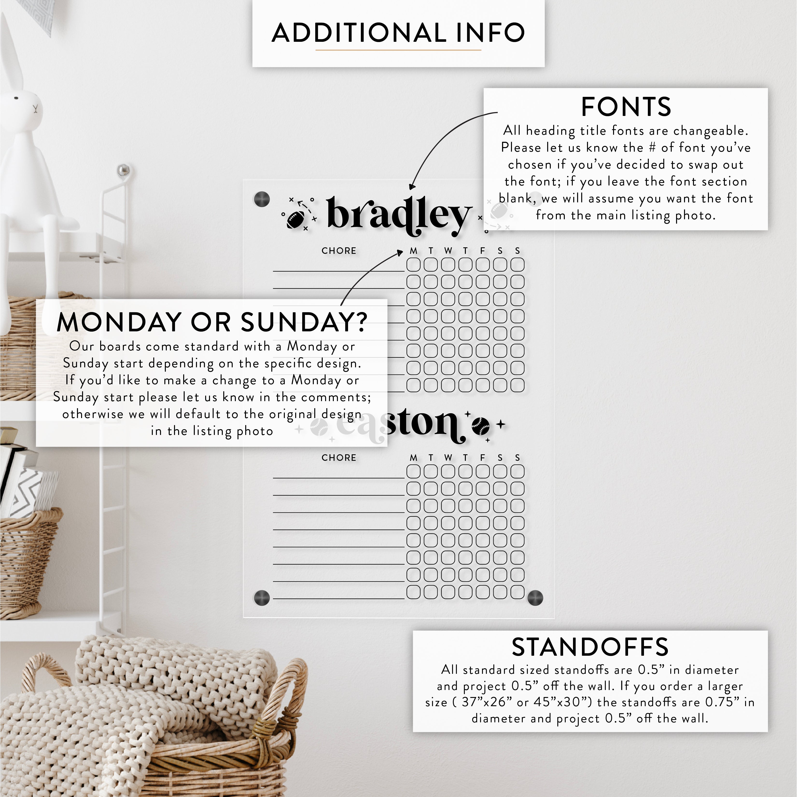 Personalized Kid's Acrylic Chore Chart for 2 Kids with Custom Sport Embellishment