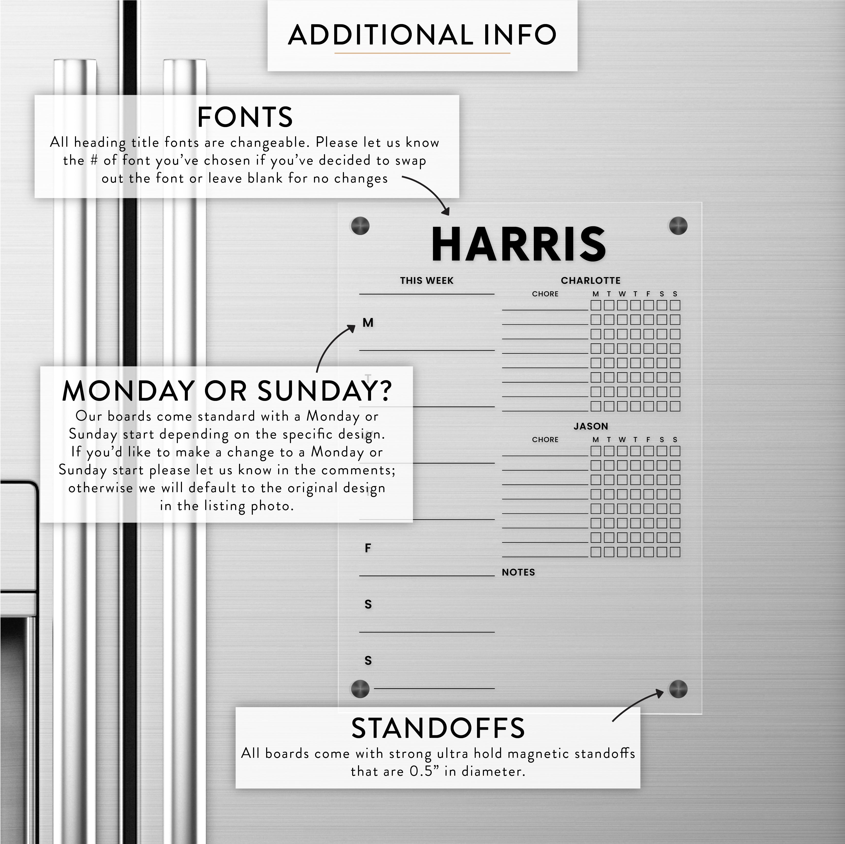 Personalized Weekly + Kid's Chore Charts Magnetic Acrylic Fridge Calendar