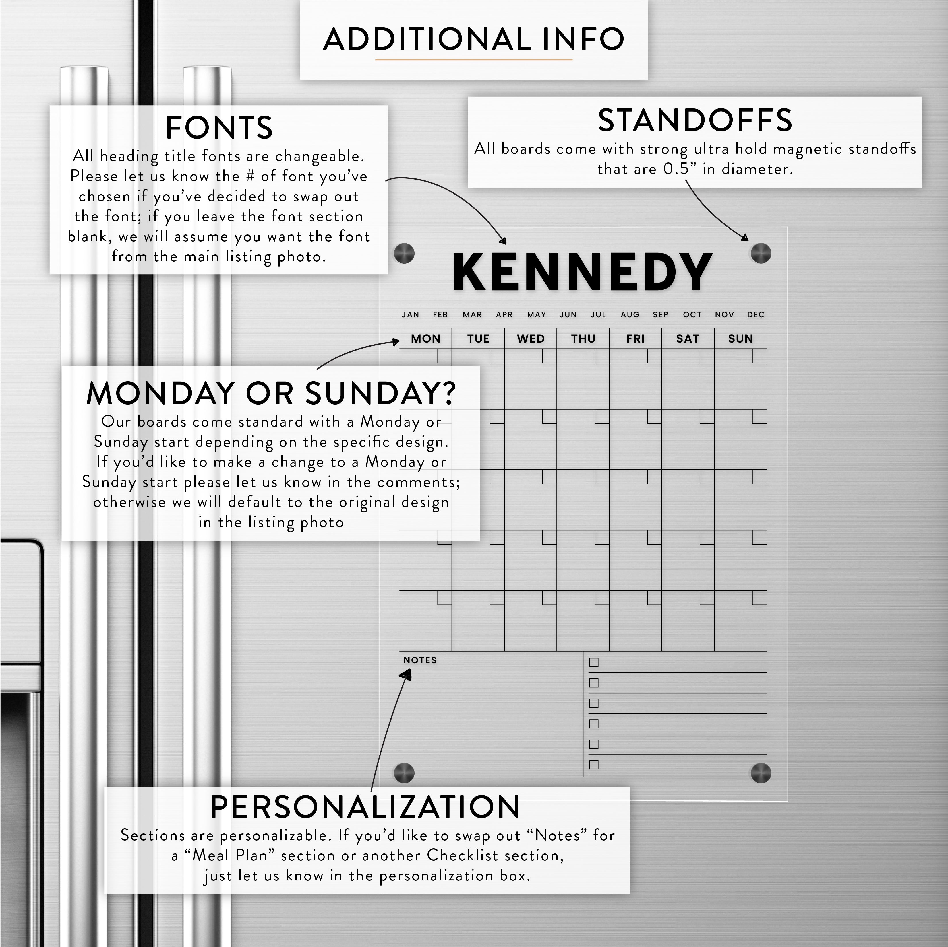 Personalized Monthly + Notes and Checklist Magnetic Acrylic Calendar