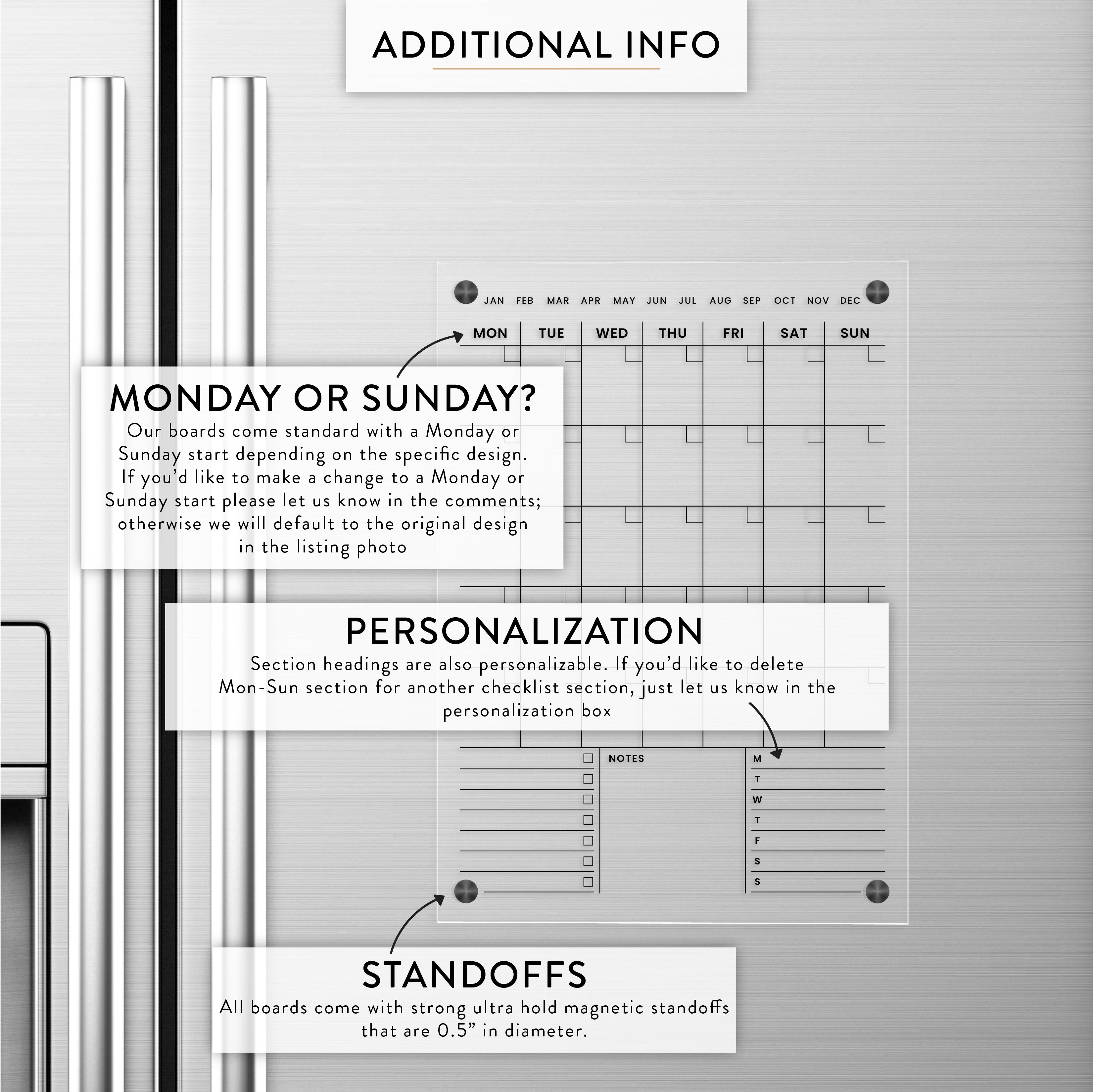 Monthly + Notes, Checklist and Meal Plan Magnetic Acrylic Calendar