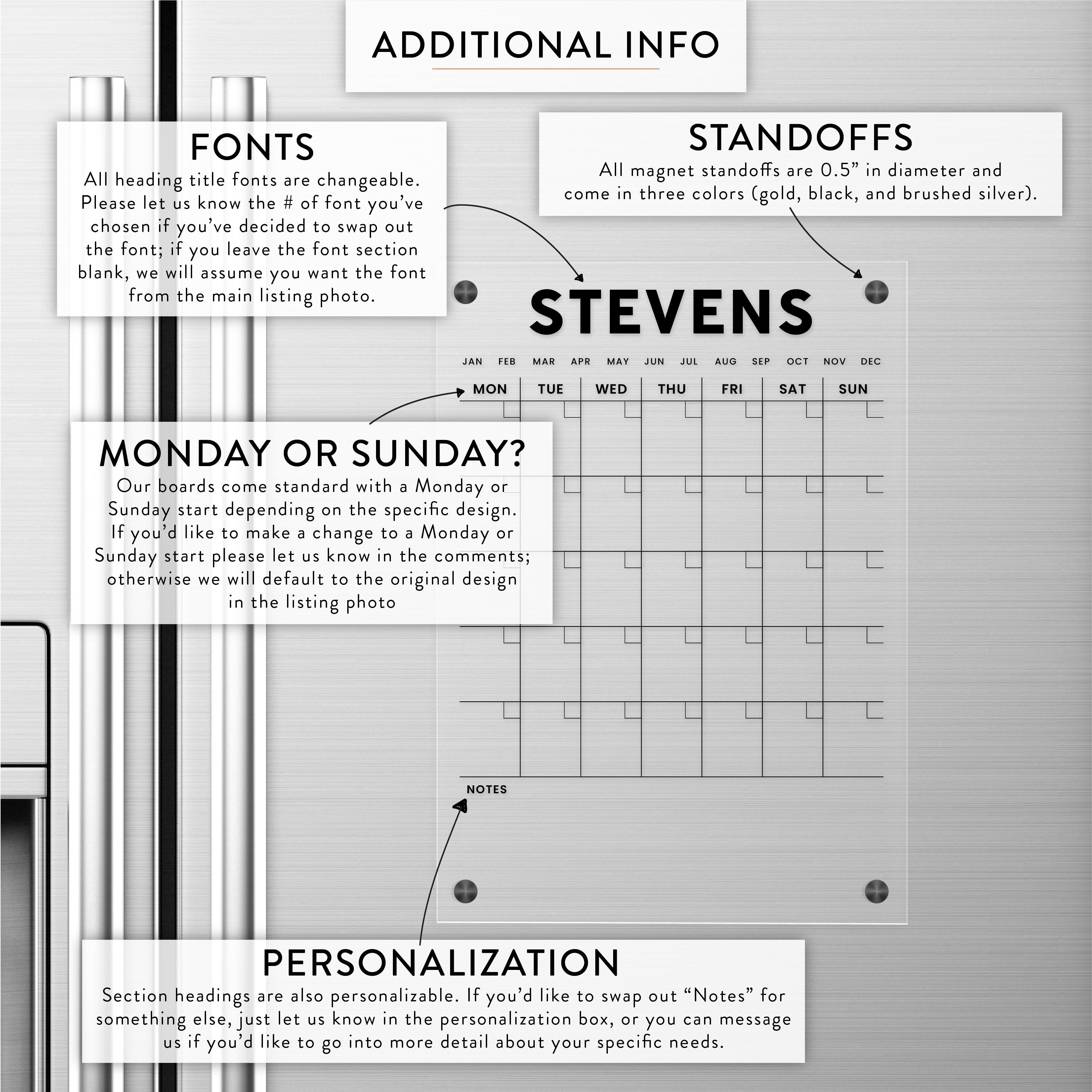 Personalized Monthly + Notes Section Magnetic Acrylic Calendar