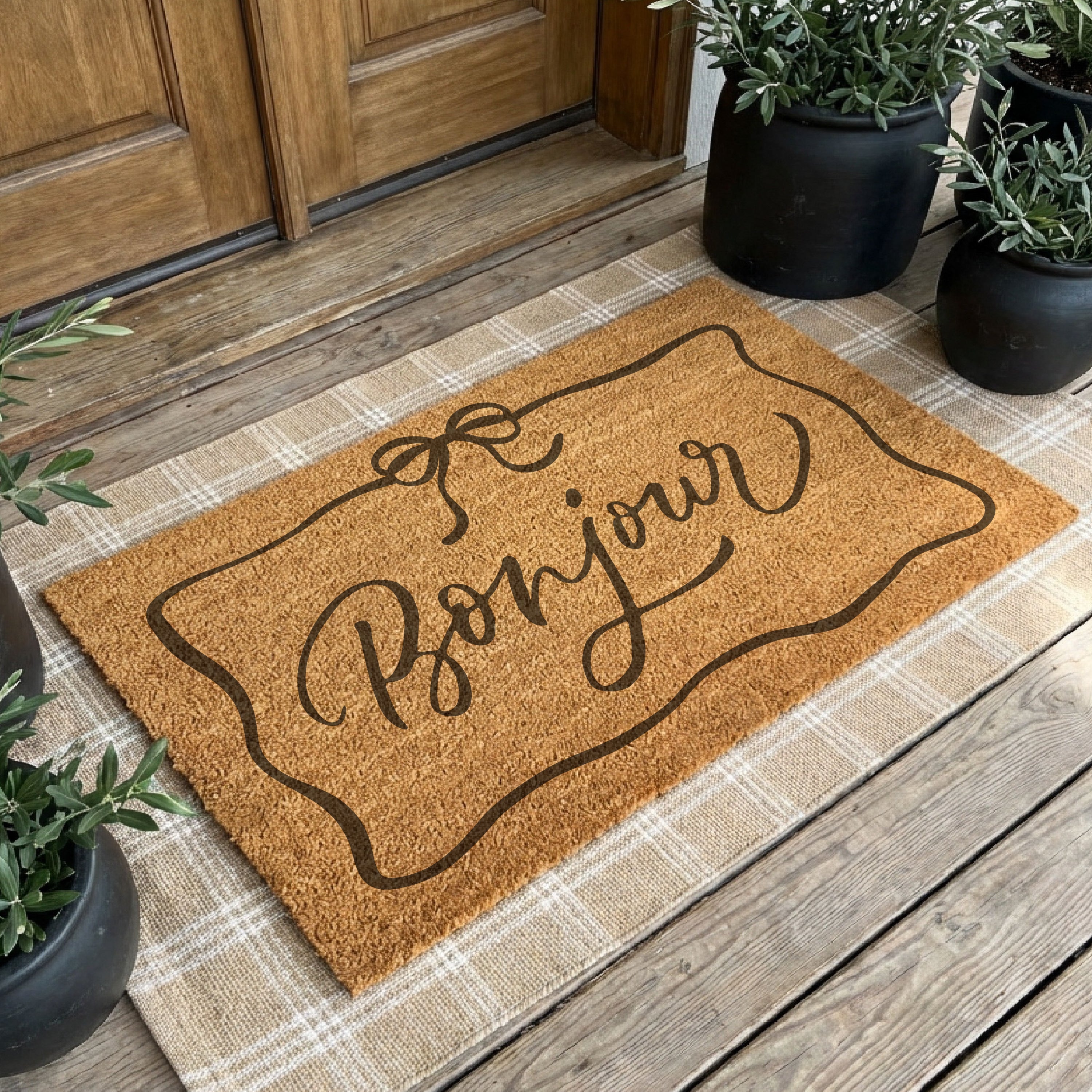 Bonjour With Coquette Bow Border Doormat