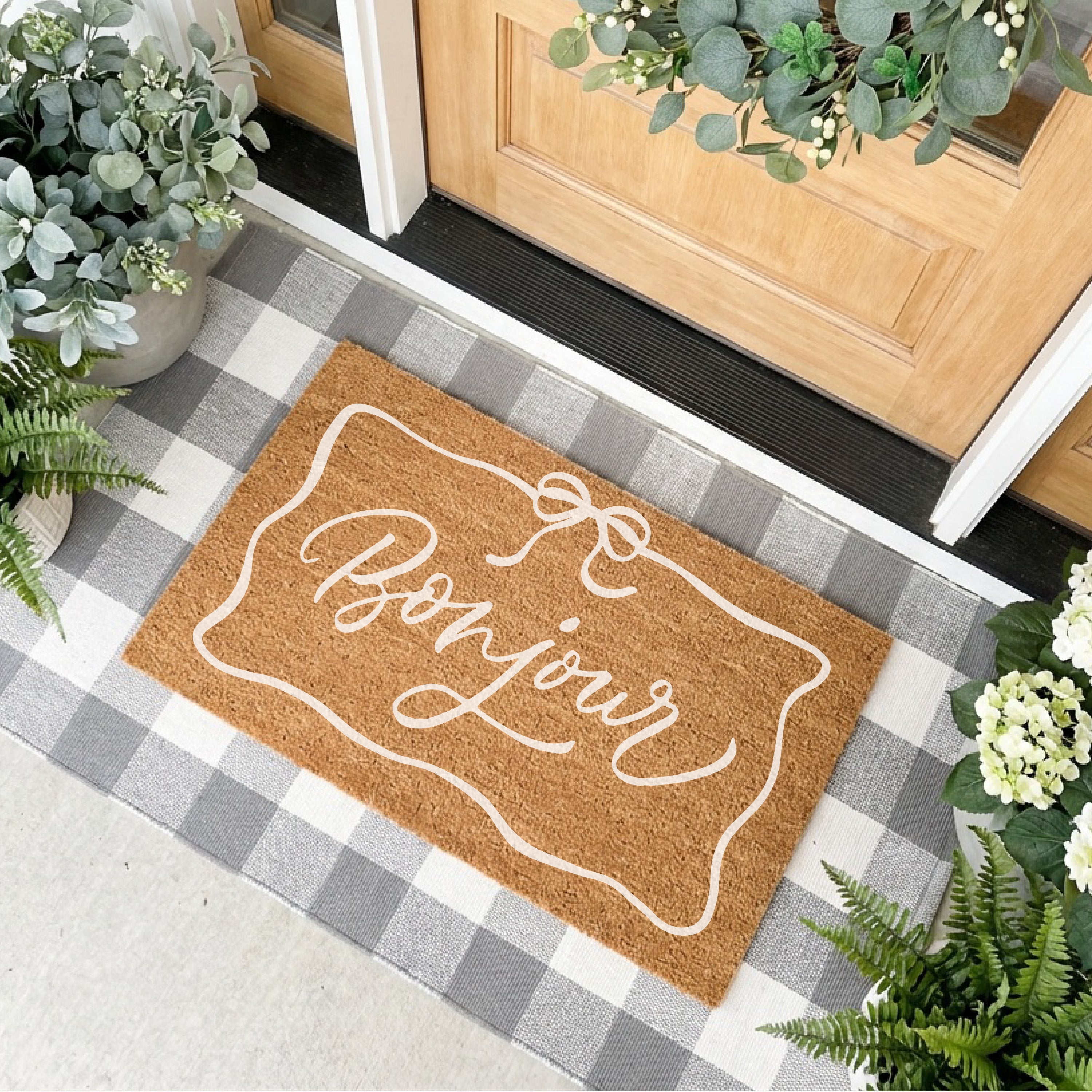Bonjour With Coquette Bow Border Doormat