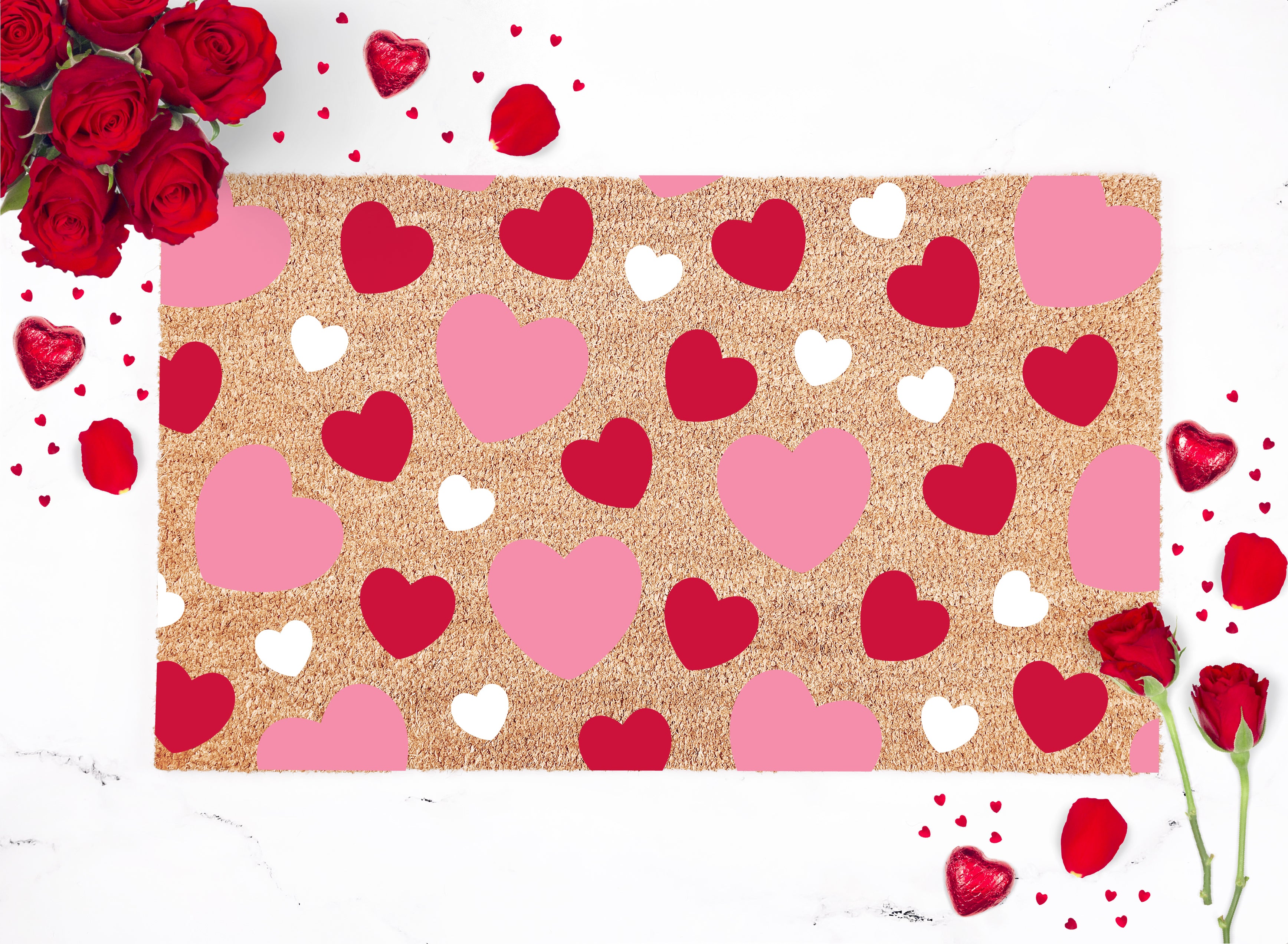 Red White and Pink Heart Pattern Doormat