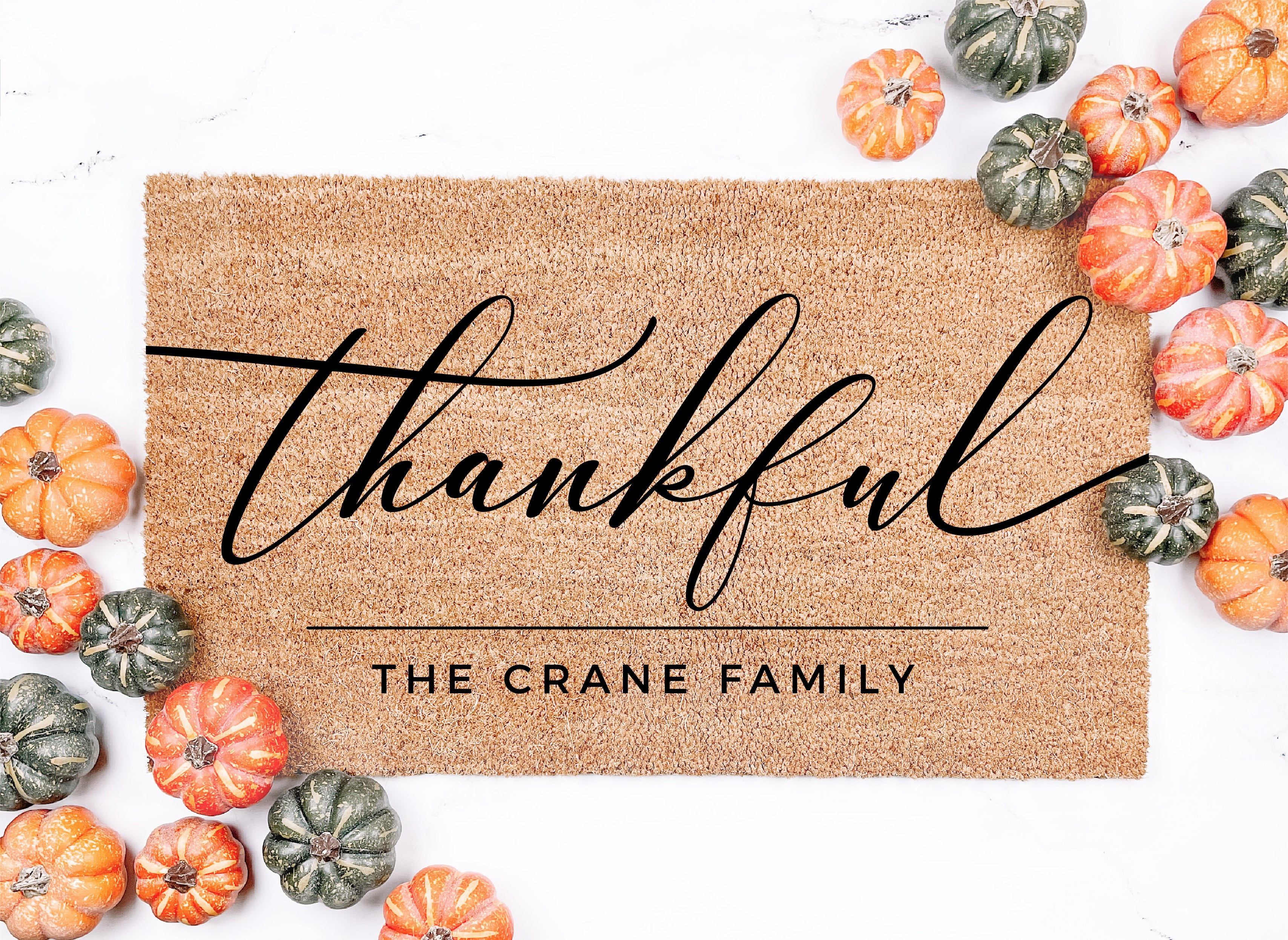 Thankful Script Personalized Thanksgiving Doormat